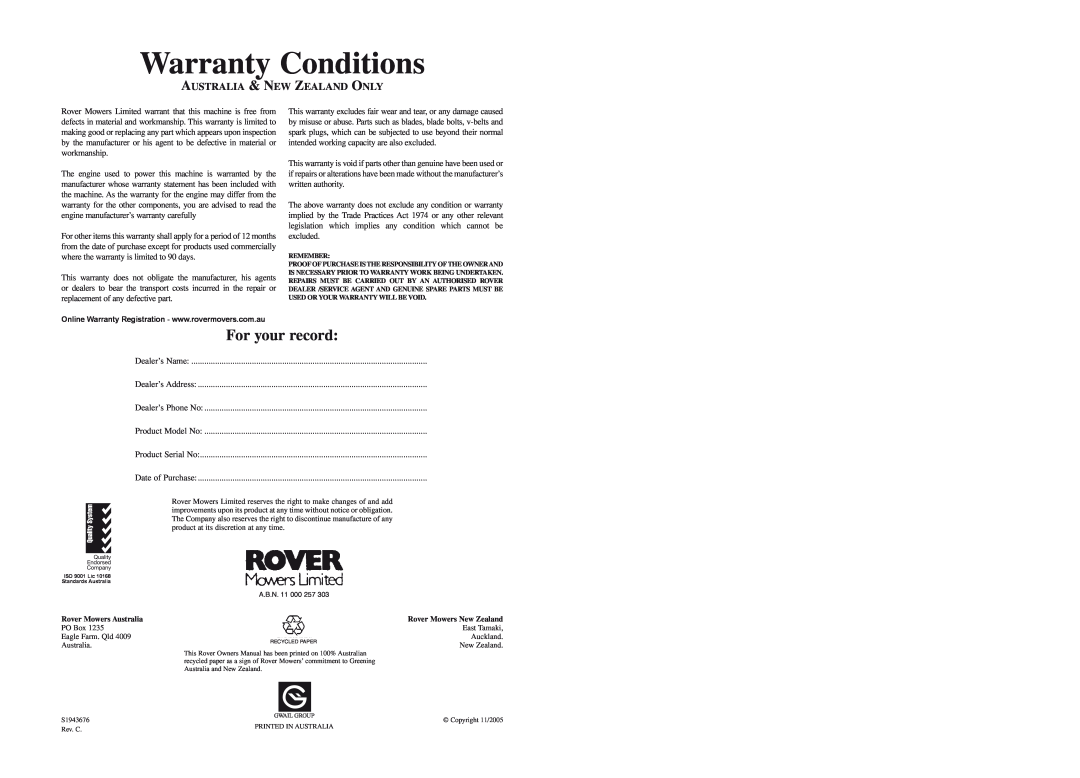 Rover 300433, 300361 warranty Warranty Conditions, For your record, Australia & New Zealand Only 
