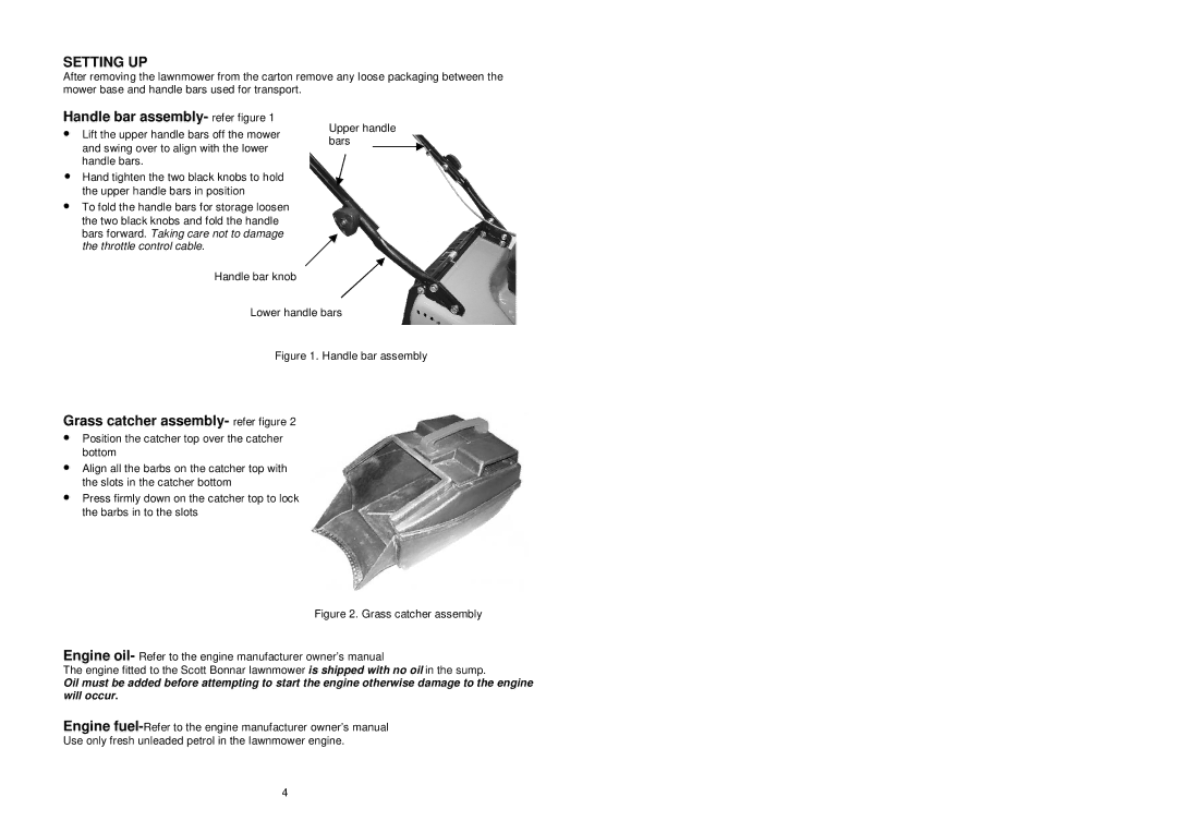 Rover 302T3 warranty Setting UP, Handle bar assembly- refer figure, Grass catcher assembly- refer figure 