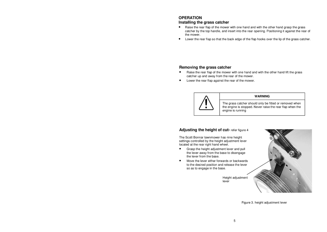 Rover 302T3 Operation, Installing the grass catcher, Removing the grass catcher, Adjusting the height of cut- refer figure 