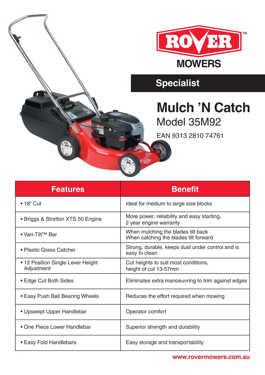 Rover warranty Mulch ʼN Catch, Model 35M92, Features Benefit 