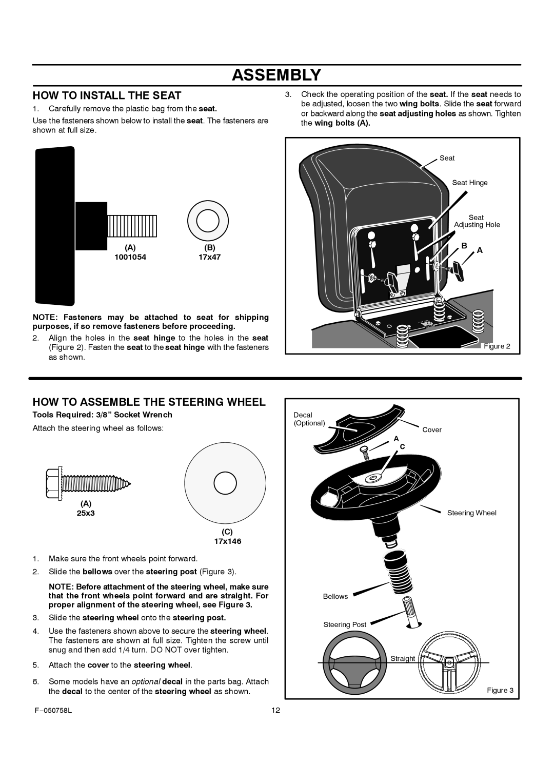 Rover 385002X108A owner manual HOW to Install the Seat, HOW to Assemble the Steering Wheel 