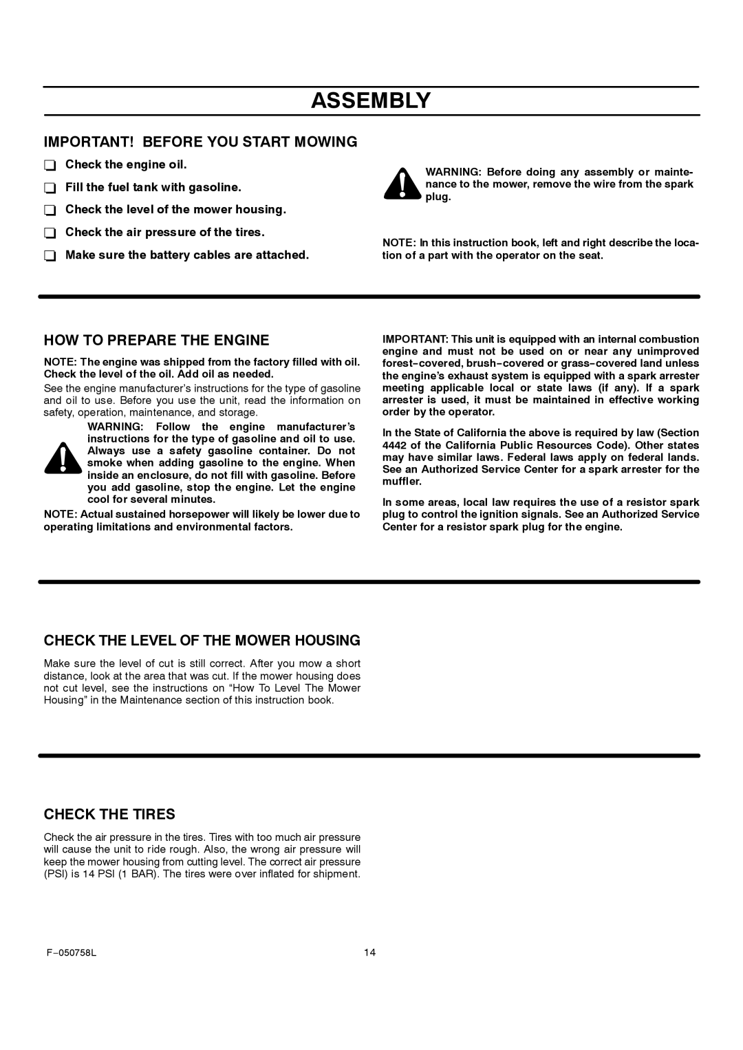 Rover 385002X108A IMPORTANT! Before YOU Start Mowing, HOW to Prepare the Engine, Check the Level of the Mower Housing 