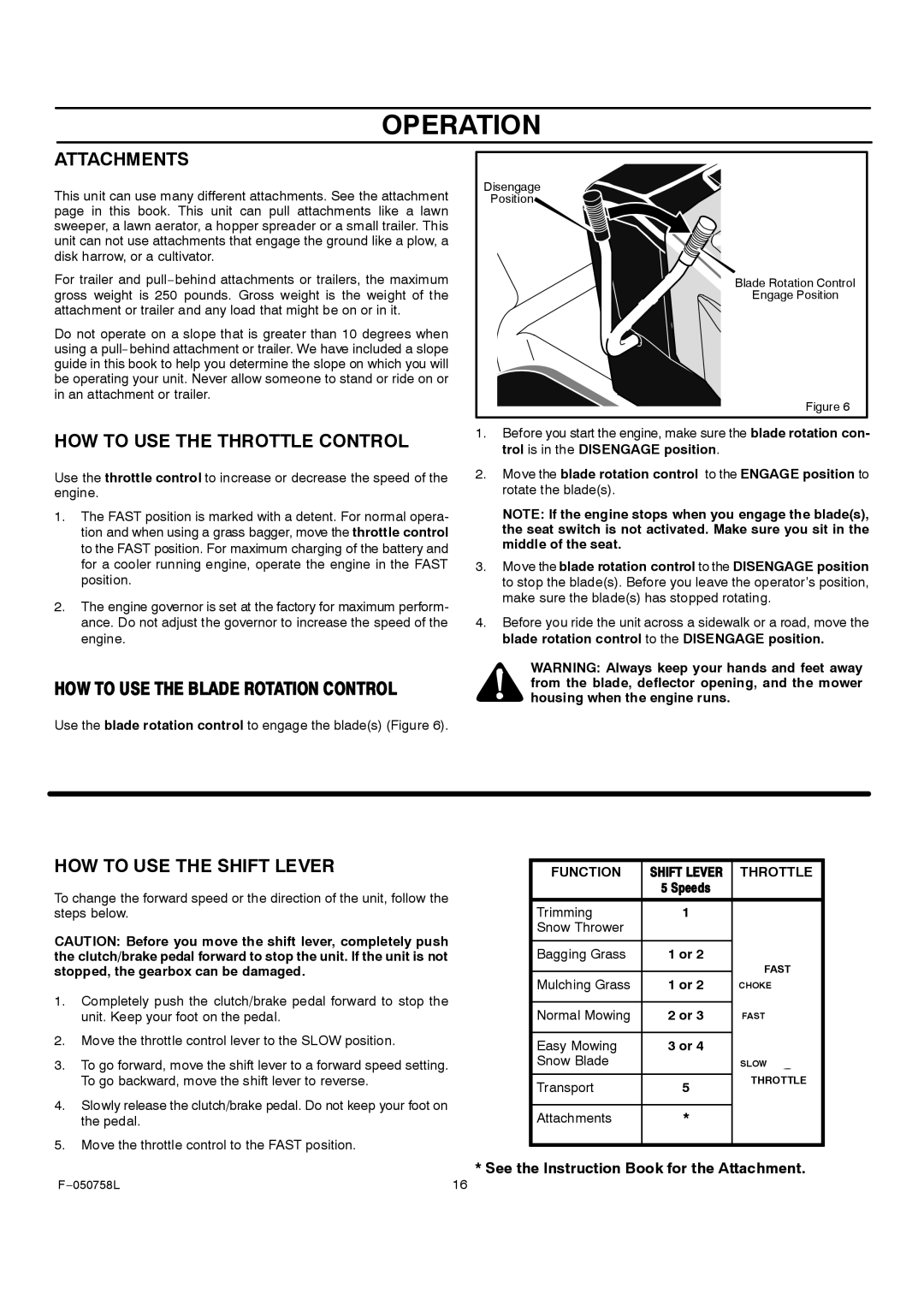 Rover 385002X108A owner manual Attachments, HOW to USE the Throttle Control, ØÑÉ ÌÑ ËÍÛ ÌØÛ ÞÔßÜÛ ÎÑÌßÌ×ÑÒ Ýñòìîñô 