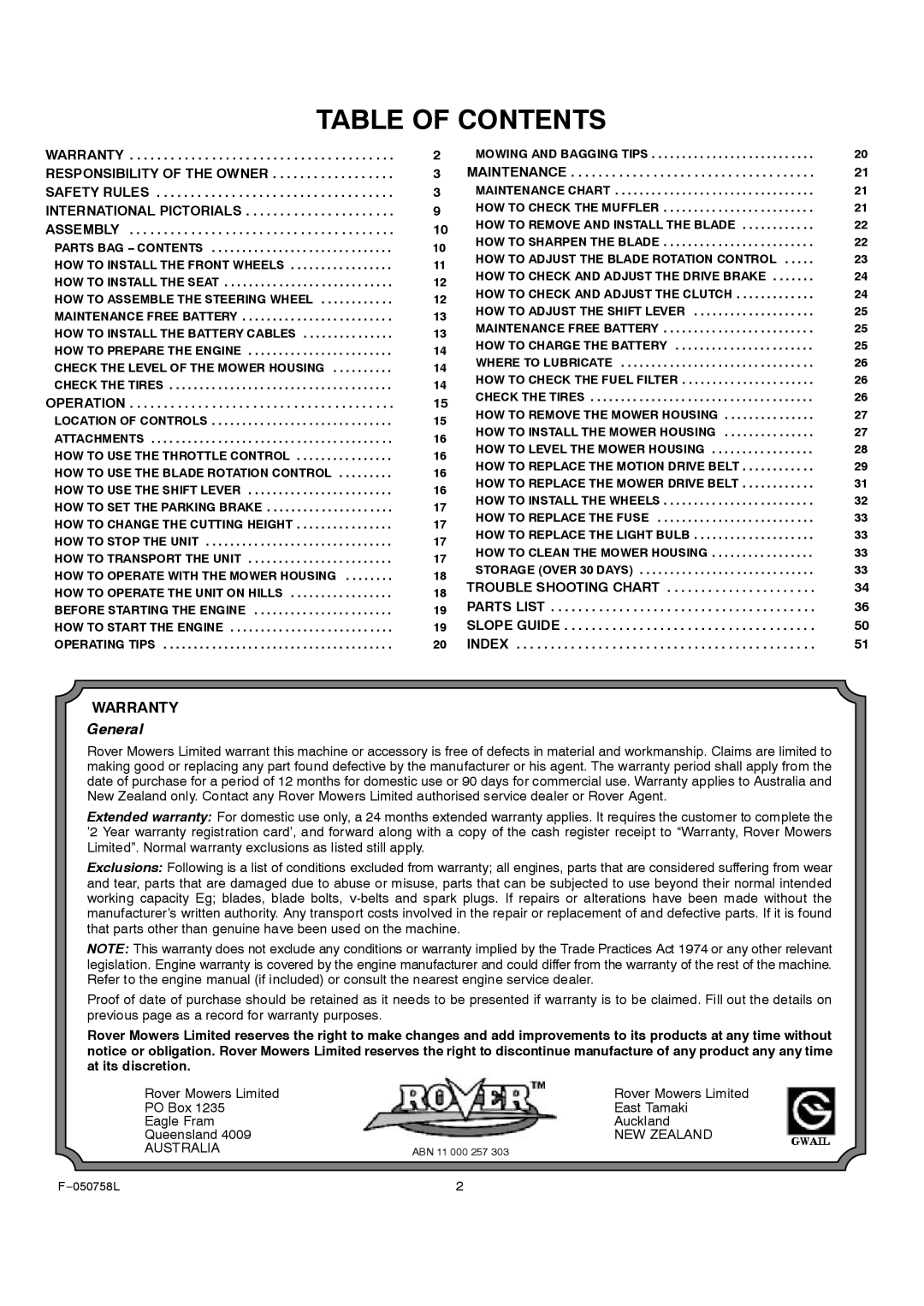 Rover 385002X108A owner manual Table of Contents 