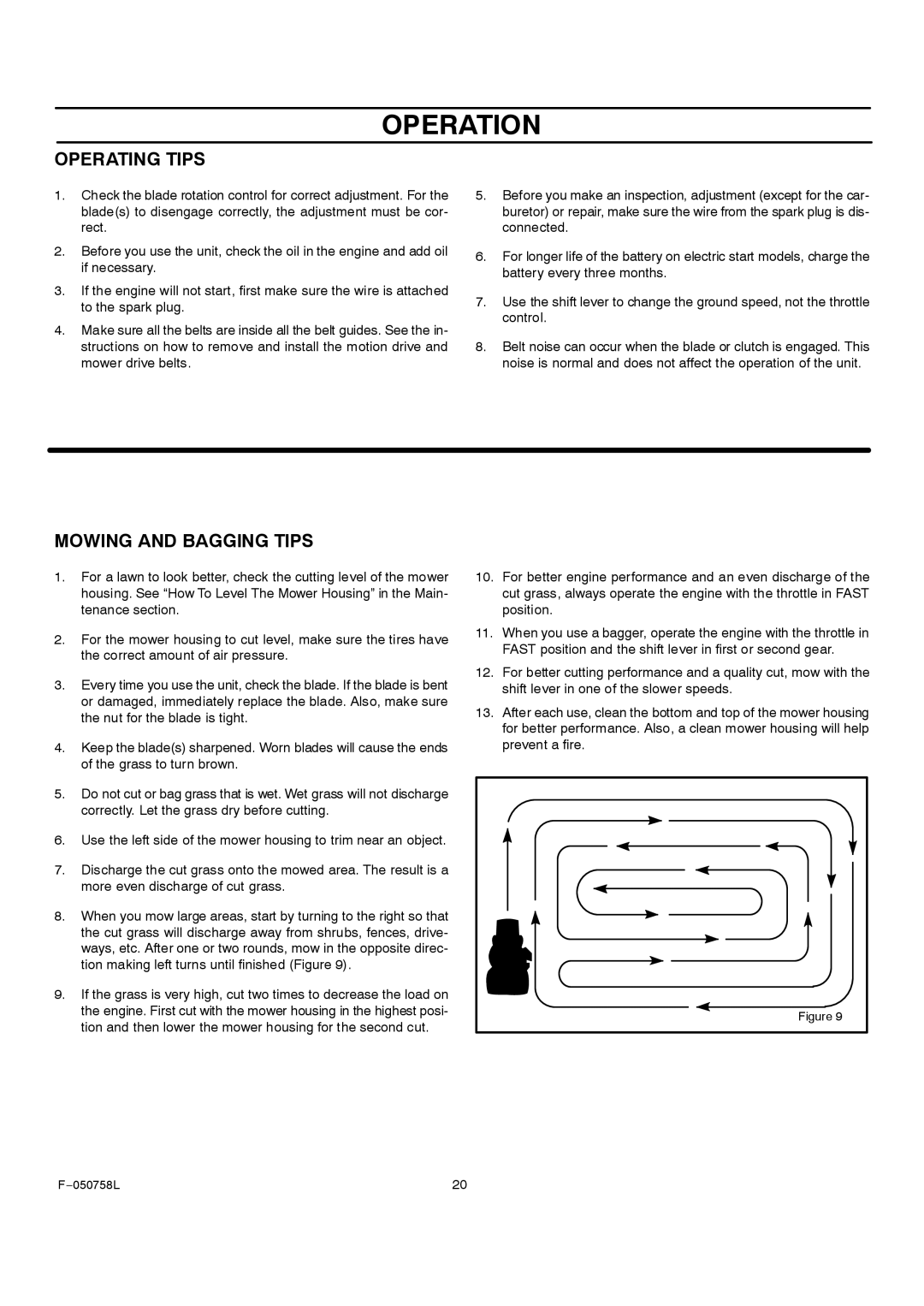 Rover 385002X108A owner manual Operating Tips, Mowing and Bagging Tips 