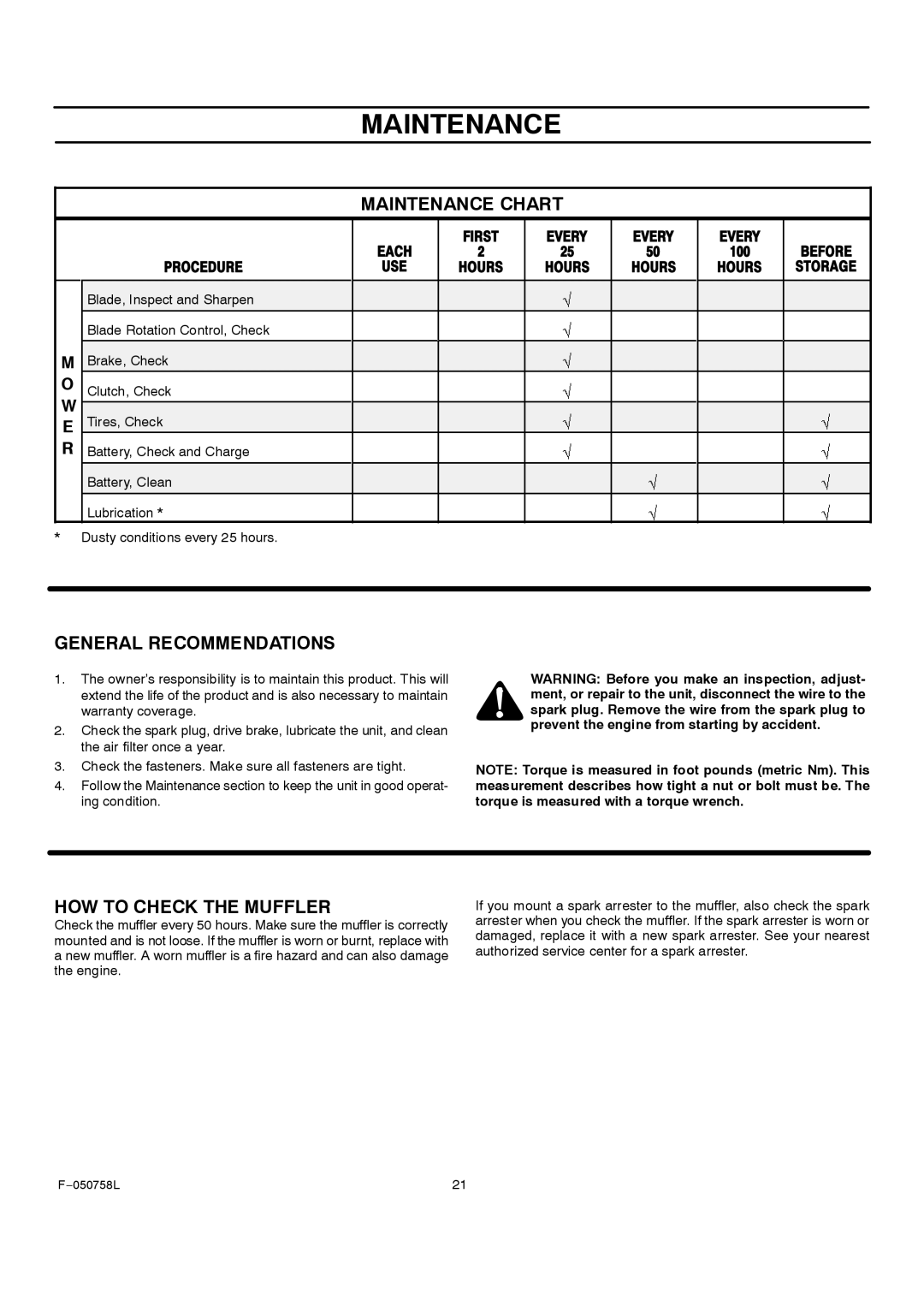 Rover 385002X108A owner manual Maintenance Chart, General Recommendations, HOW to Check the Muffler 