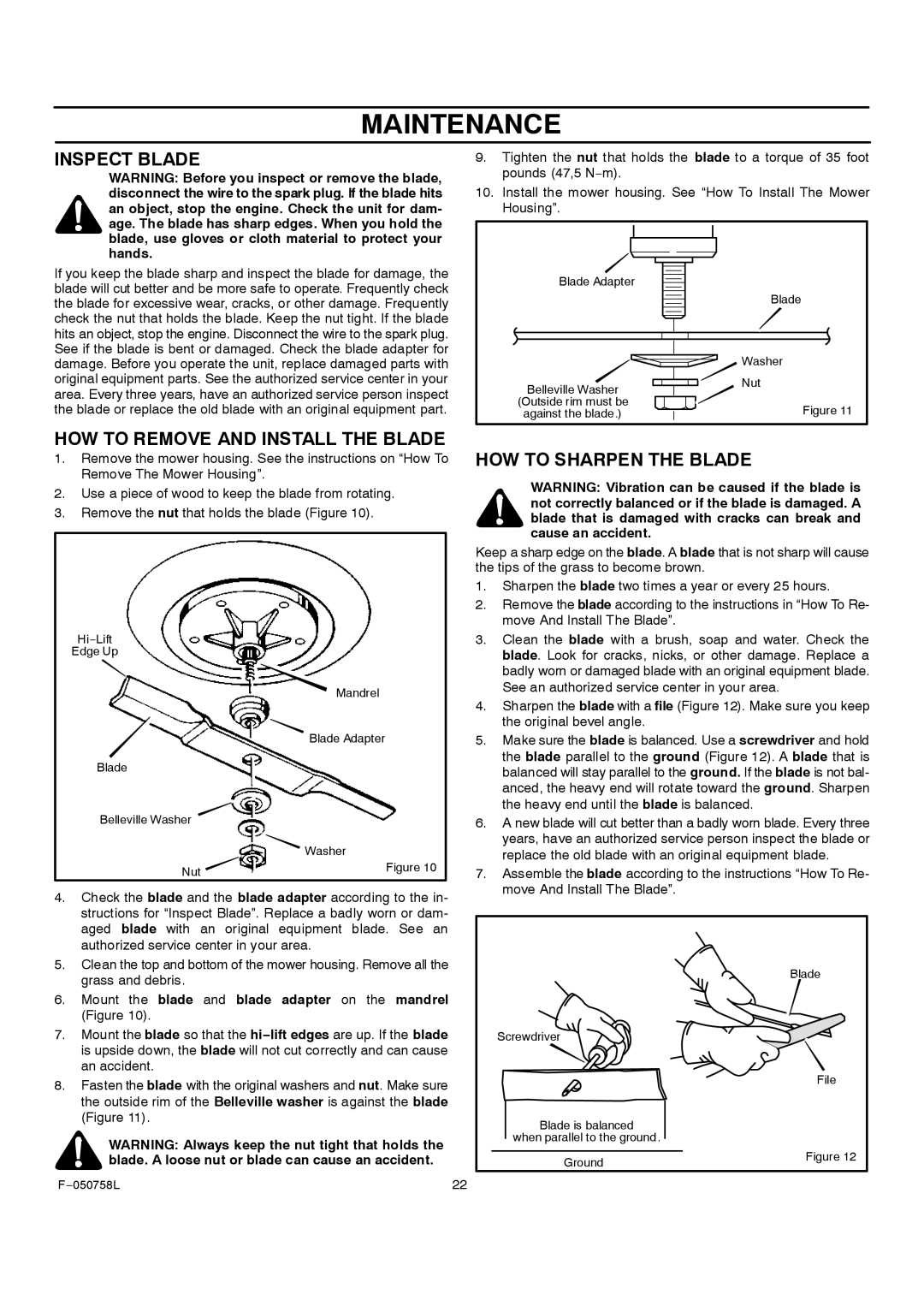 Rover 385002X108A owner manual Inspect Blade, HOW to Remove and Install the Blade, HOW to Sharpen the Blade 