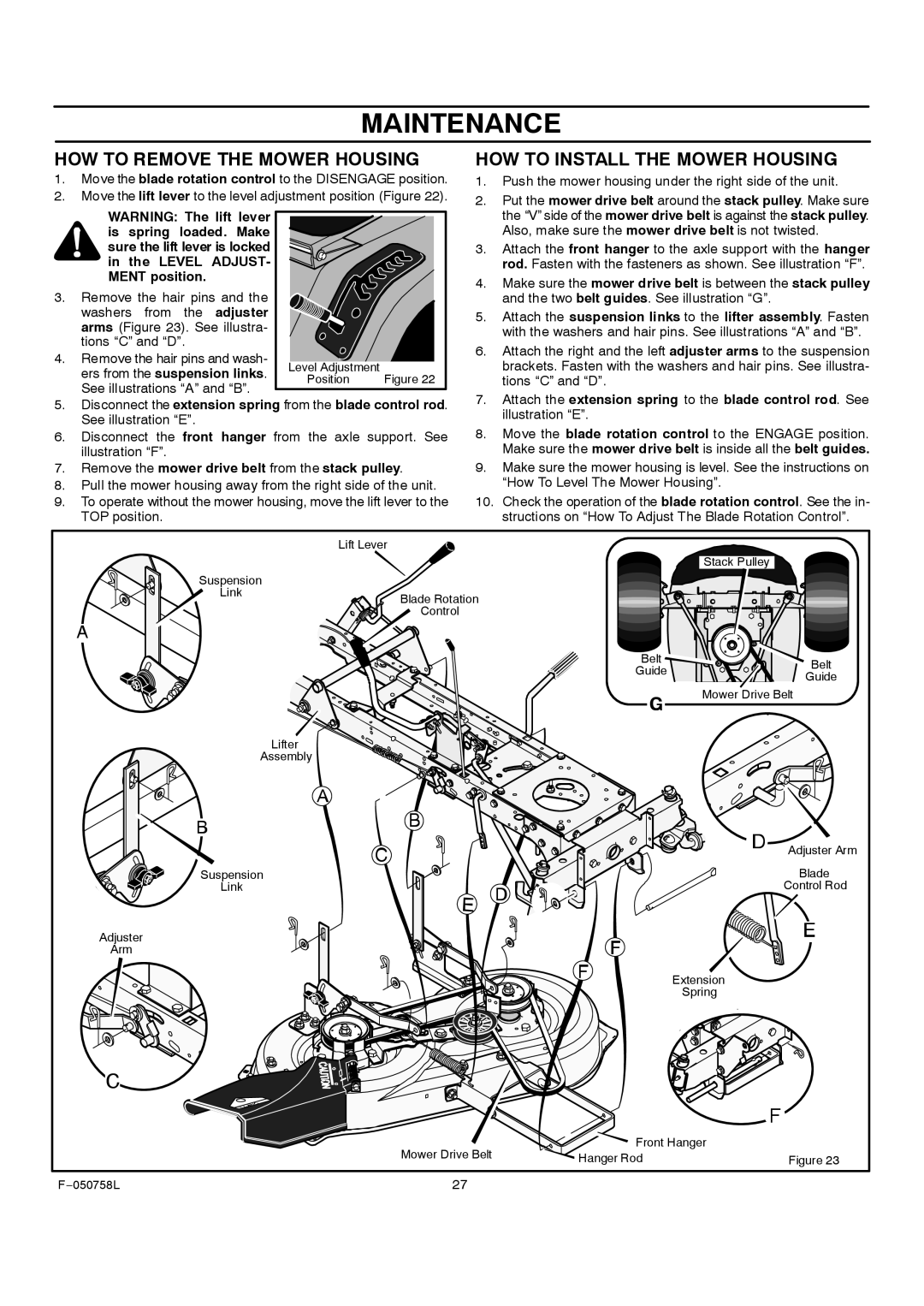 Rover 385002X108A owner manual HOW to Remove the Mower Housing, HOW to Install the Mower Housing 