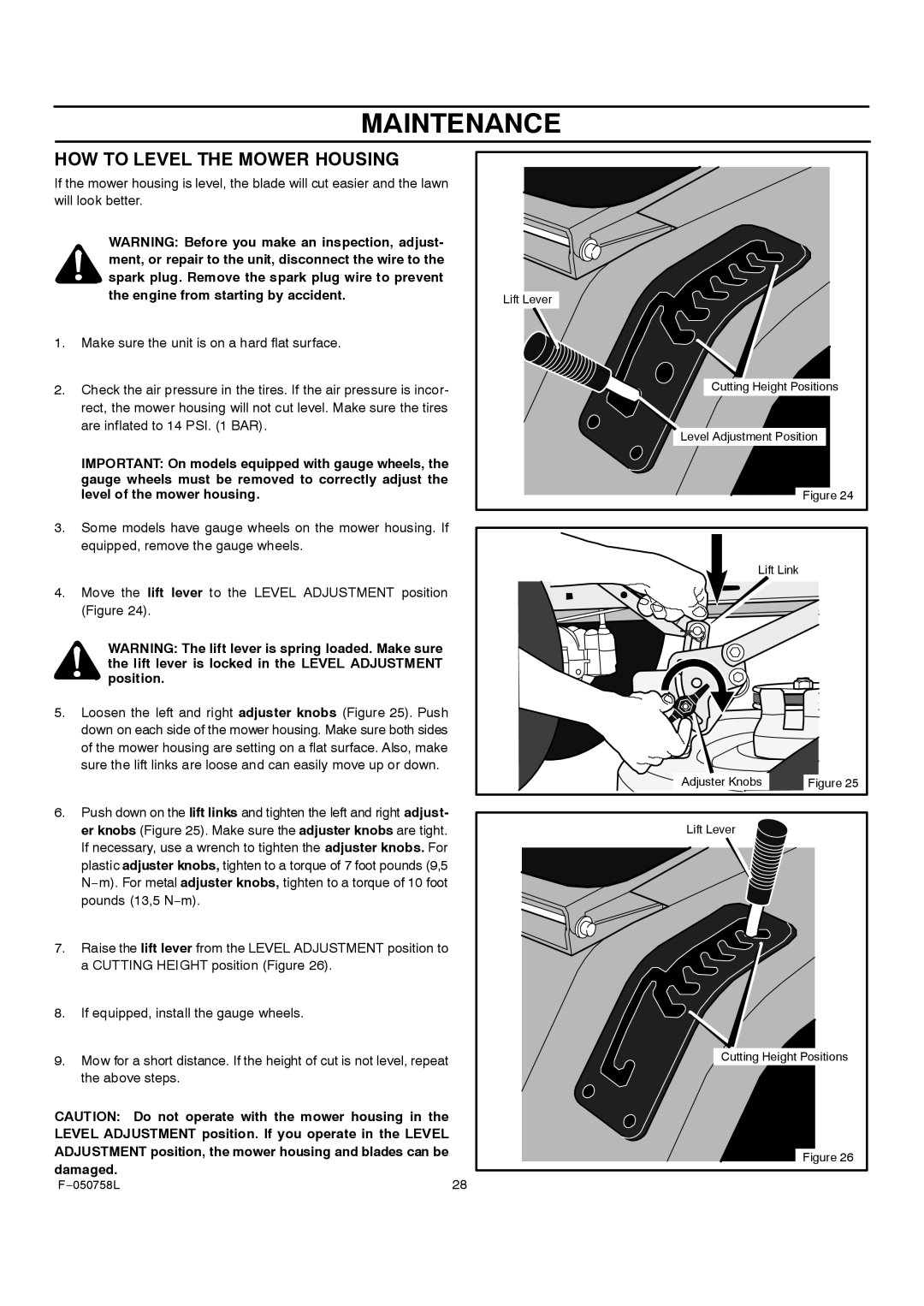 Rover 385002X108A owner manual HOW to Level the Mower Housing 