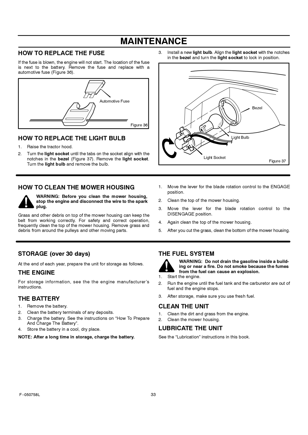 Rover 385002X108A HOW to Replace the Fuse, HOW to Replace the Light Bulb, HOW to Clean the Mower Housing, Engine, Battery 