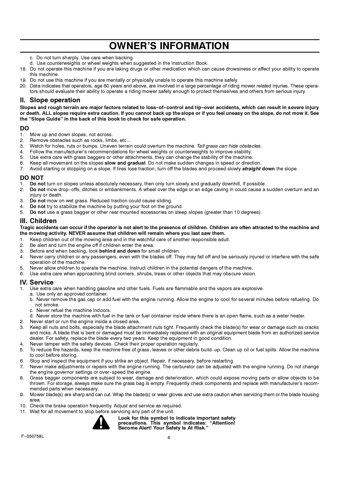 Rover 385002X108A owner manual II. Slope operation, III. Children, IV. Service 