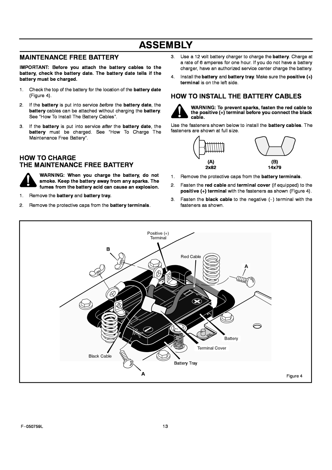 Rover 405012x108A owner manual How To Charge The Maintenance Free Battery, How To Install The Battery Cables, Assembly 