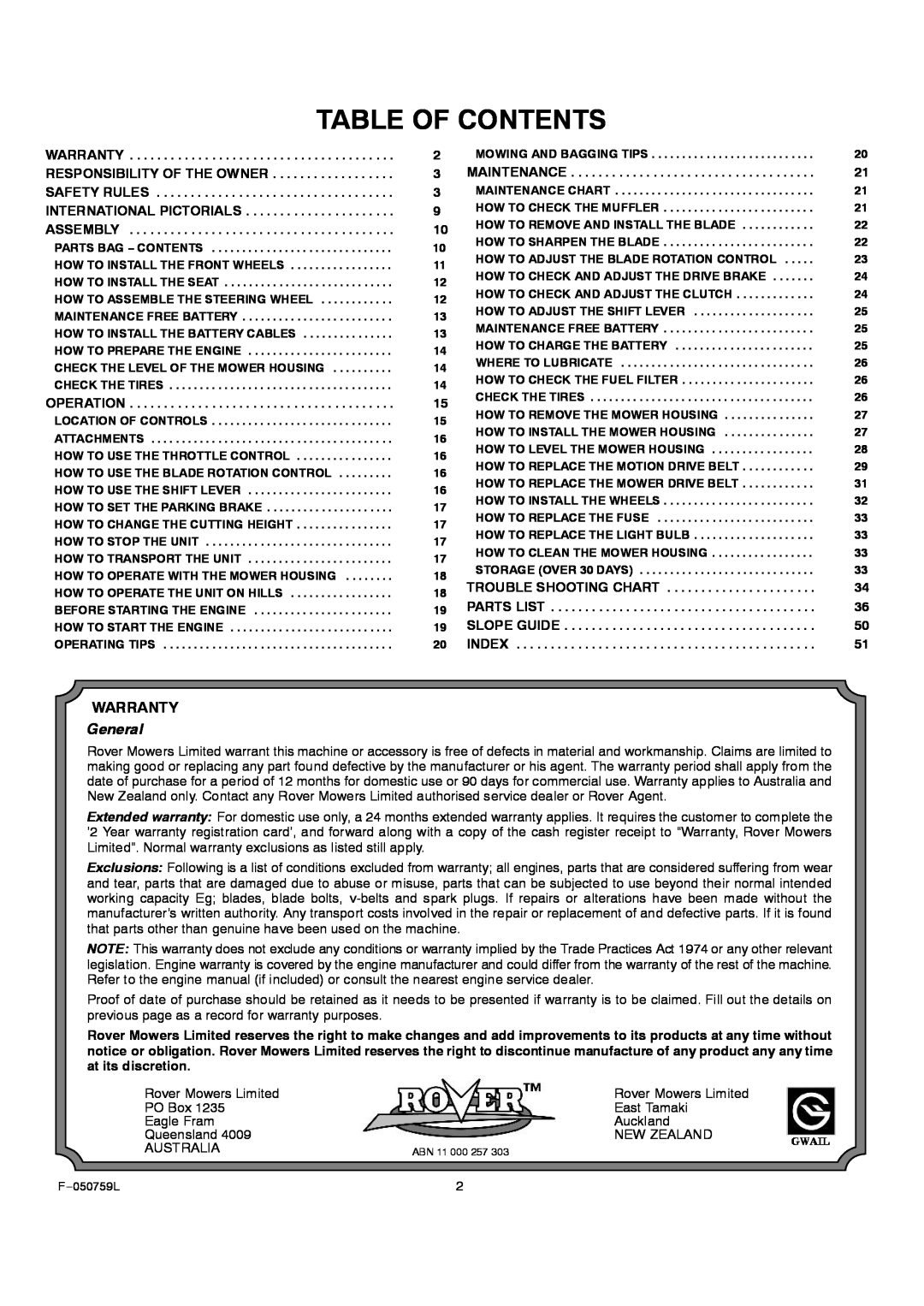 Rover 405012x108A owner manual Table Of Contents, Warranty, General 