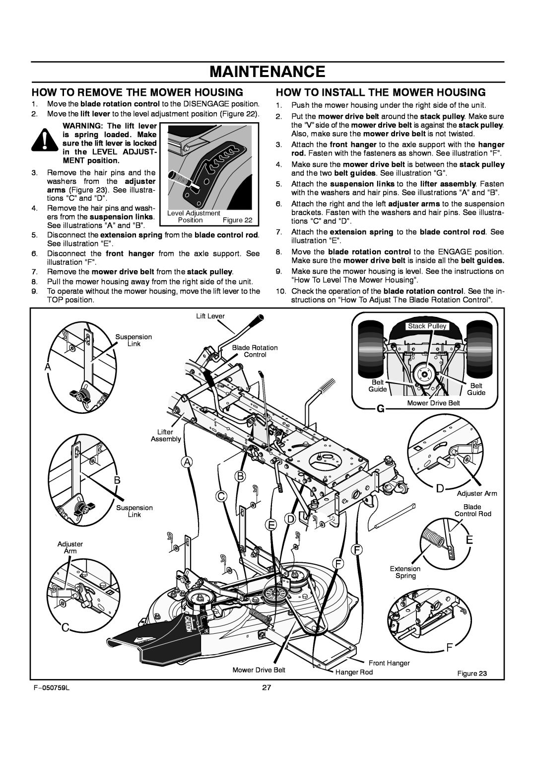 Rover 405012x108A owner manual How To Remove The Mower Housing, How To Install The Mower Housing, Maintenance 