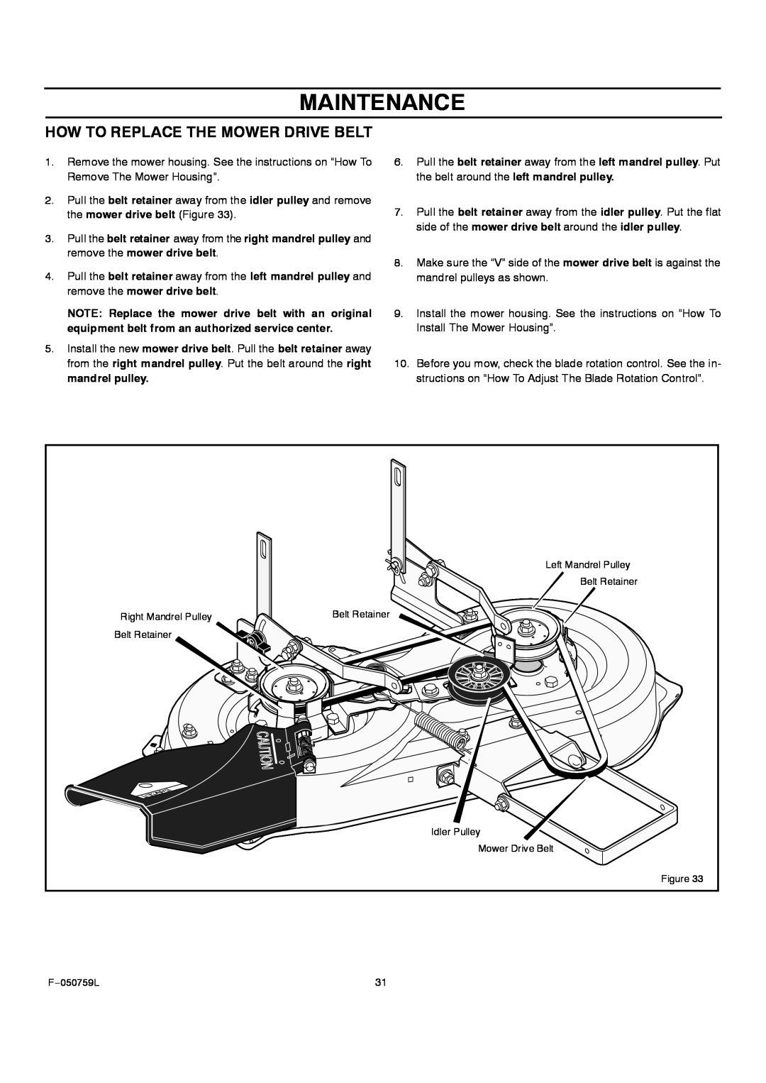 Rover 405012x108A owner manual How To Replace The Mower Drive Belt, Maintenance 