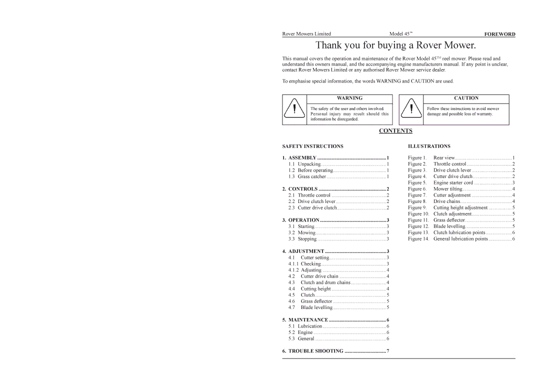 Rover 45048, 45148 warranty Thank you for buying a Rover Mower, Contents 