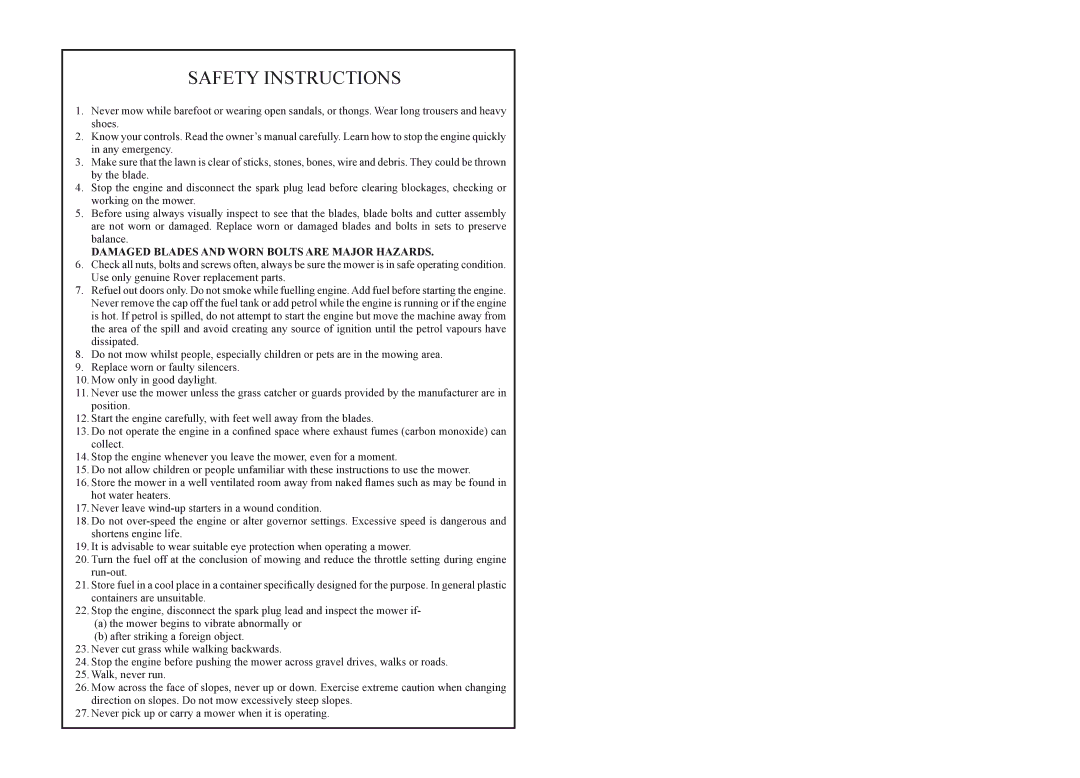 Rover 45048, 45148 warranty Safety Instructions 