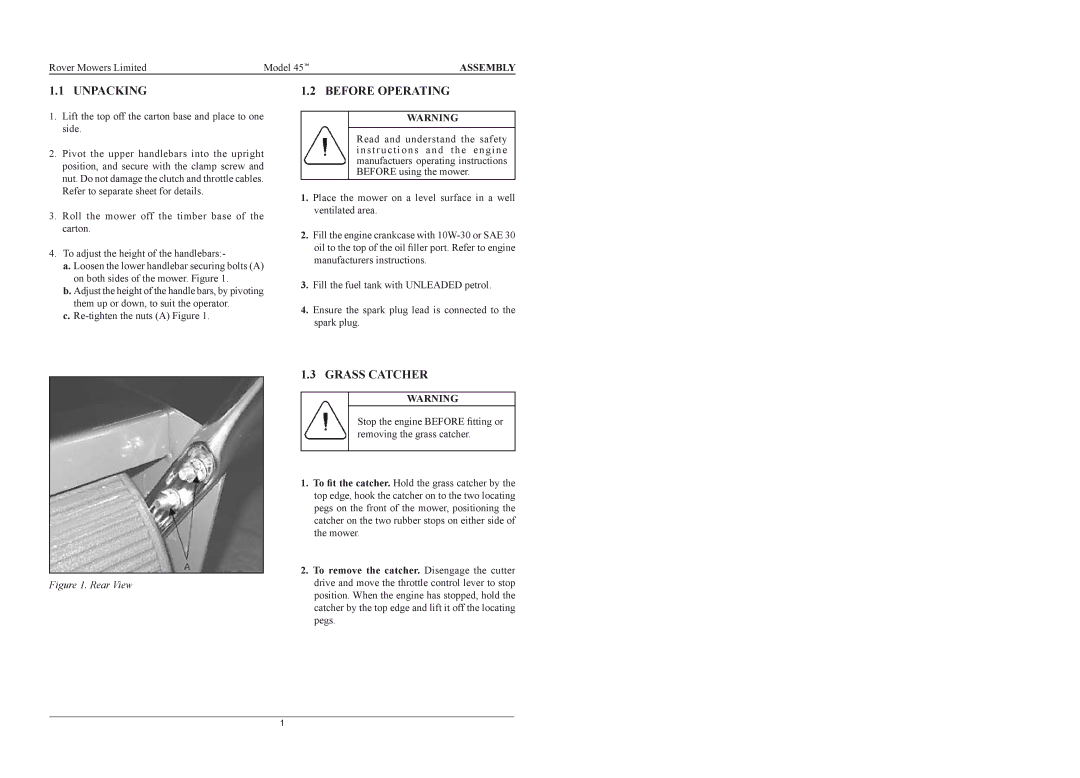 Rover 45048, 45148 warranty Unpacking, Before Operating, Grass Catcher, Assembly 