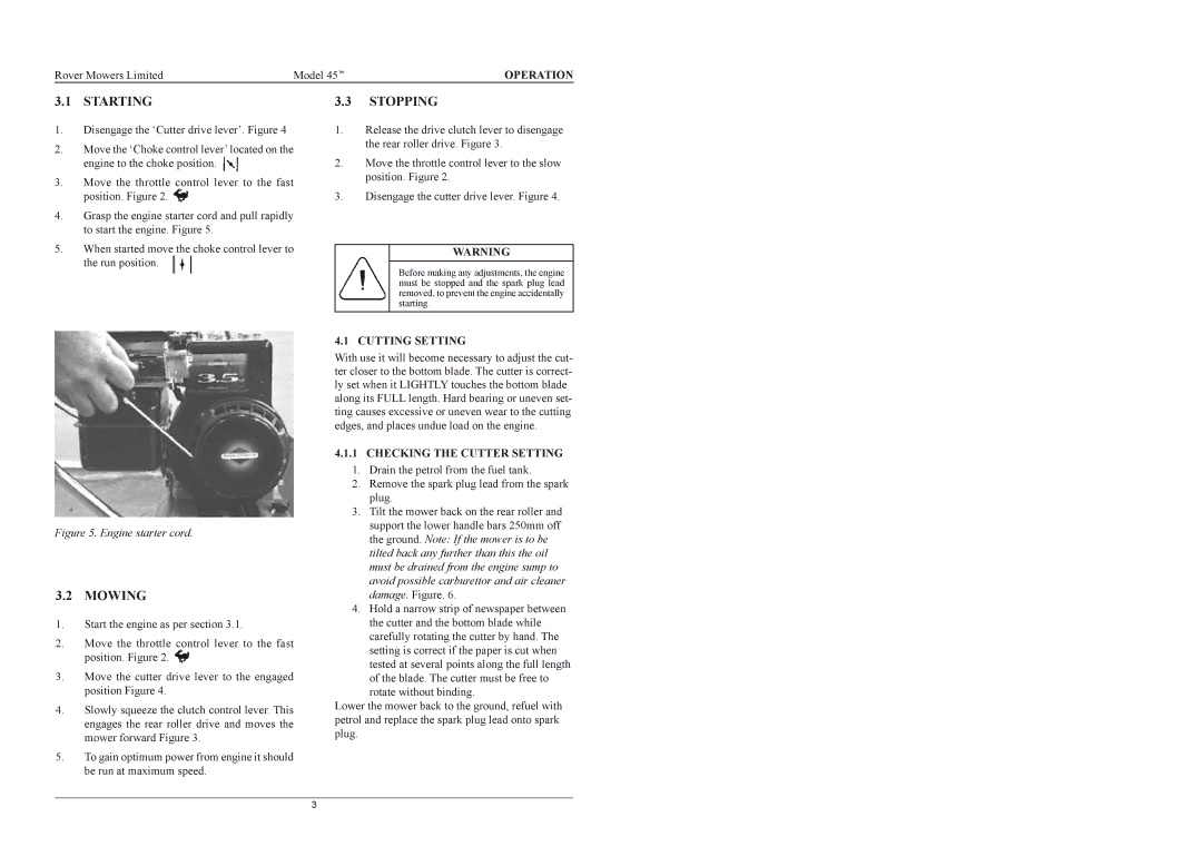 Rover 45048, 45148 warranty Starting, Mowing, Stopping, Cutting Setting, Checking the Cutter Setting 