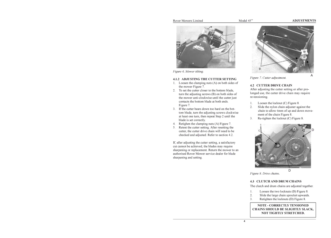 Rover 45048, 45148 warranty Adjustments, Adjusting the Cutter Setting, Cutter Drive Chain, Clutch and Drum Chains 