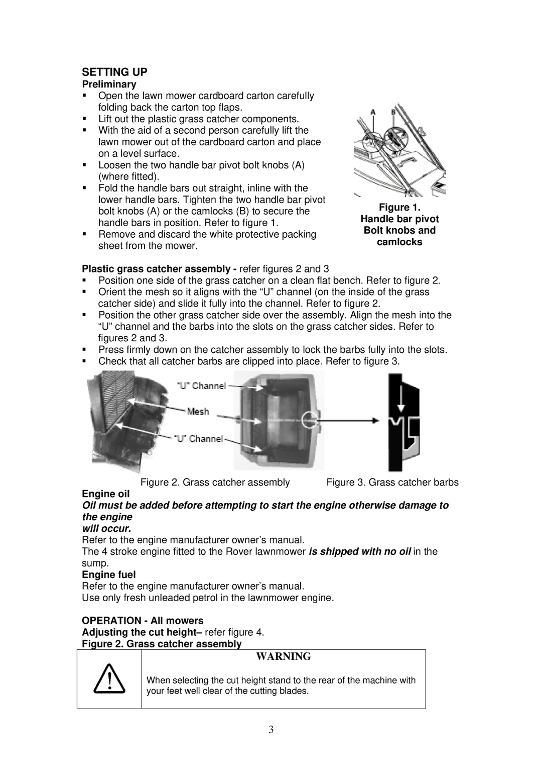 Rover 460 owner manual Preliminary, Plastic grass catcher assembly refer figures 2, Engine oil, Engine fuel 