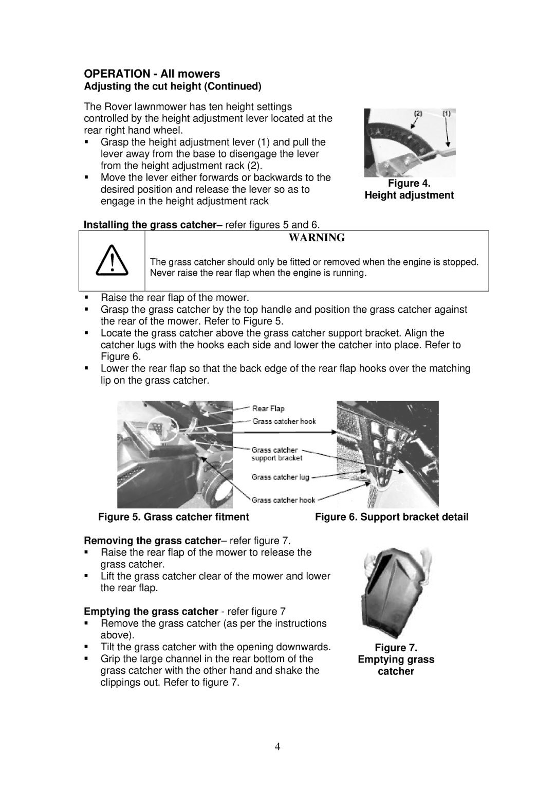 Rover 460 Operation All mowers, Adjusting the cut height, Removing the grass catcher- refer figure, Emptying grass Catcher 