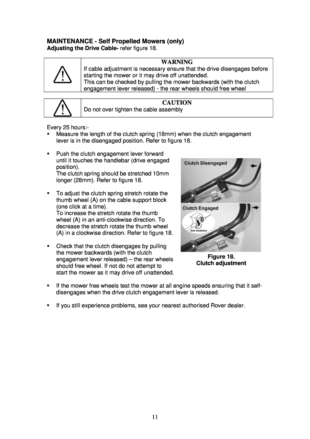 Rover 460 owner manual MAINTENANCE - Self Propelled Mowers only, Adjusting the Drive Cable- refer figure, Clutch adjustment 