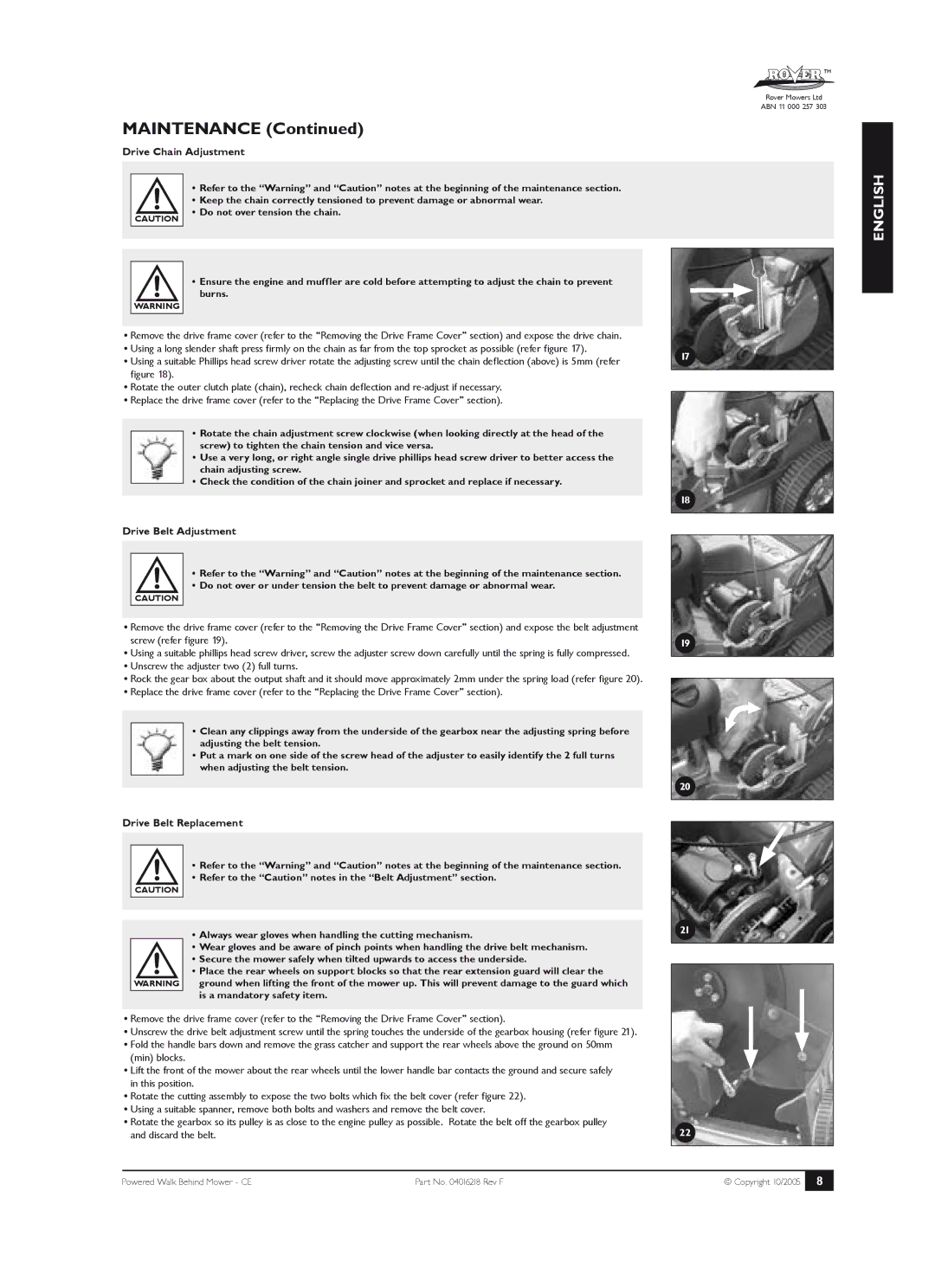 Rover 61 Drive Chain Adjustment, Drive Belt Adjustment, Screw refer figure, Drive Belt Replacement, This position 