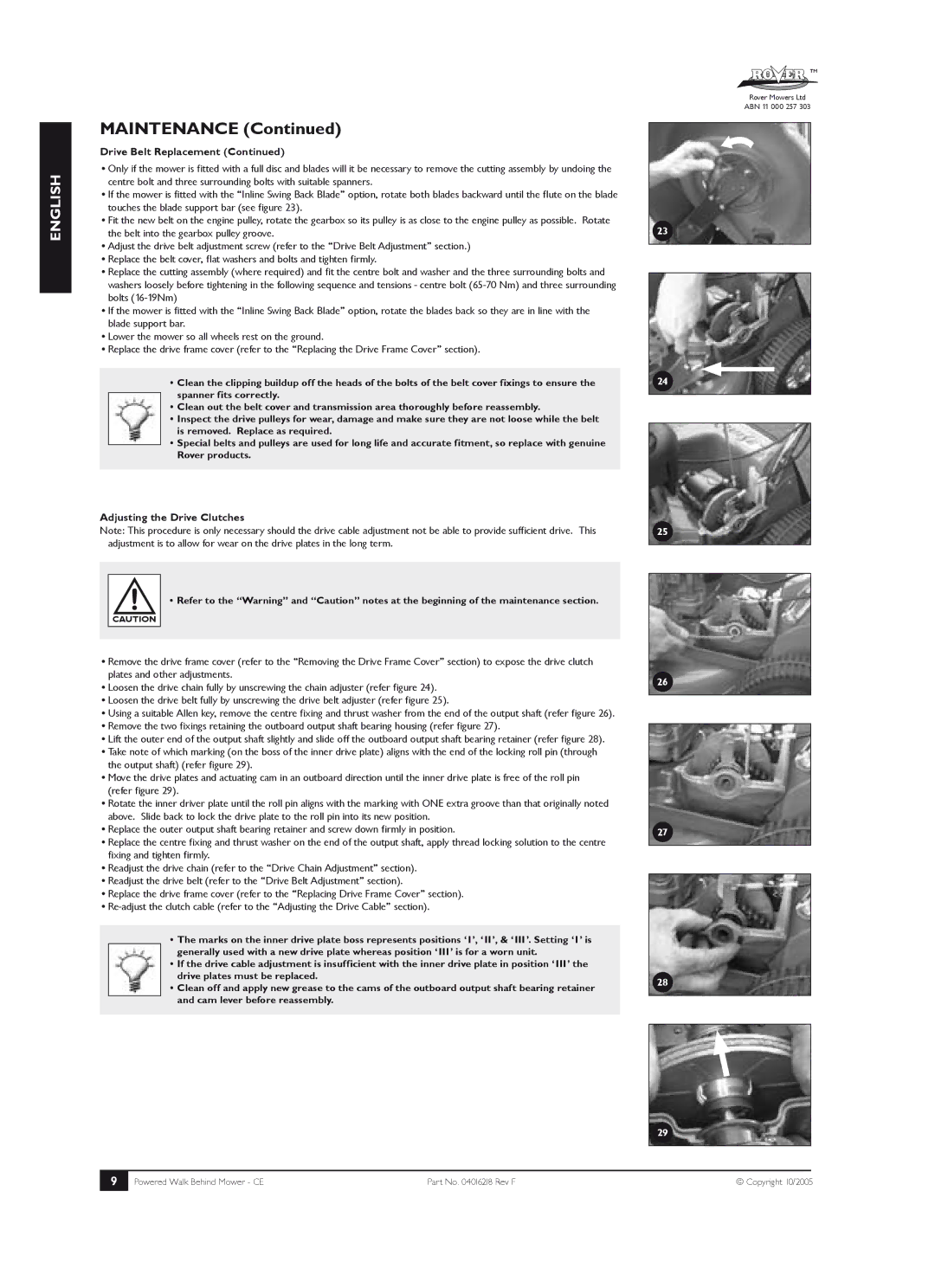 Rover 51, 61, 80 owner manual Adjusting the Drive Clutches 