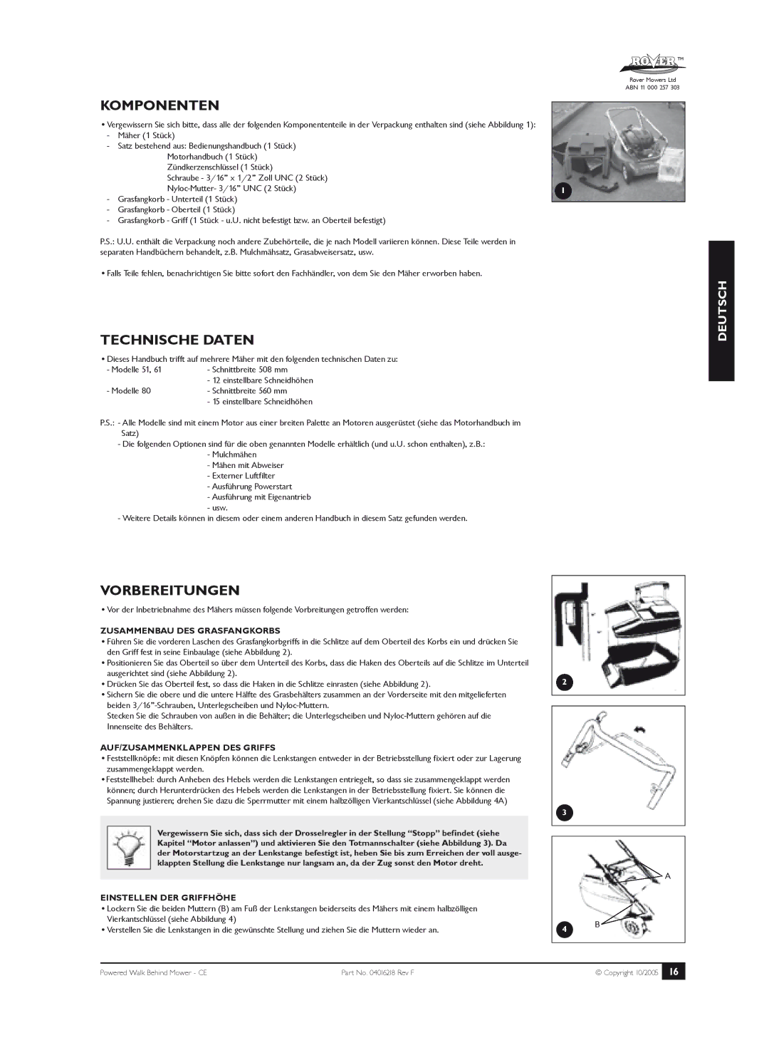 Rover 51, 61, 80 owner manual Komponenten, Technische Daten, Vorbereitungen 