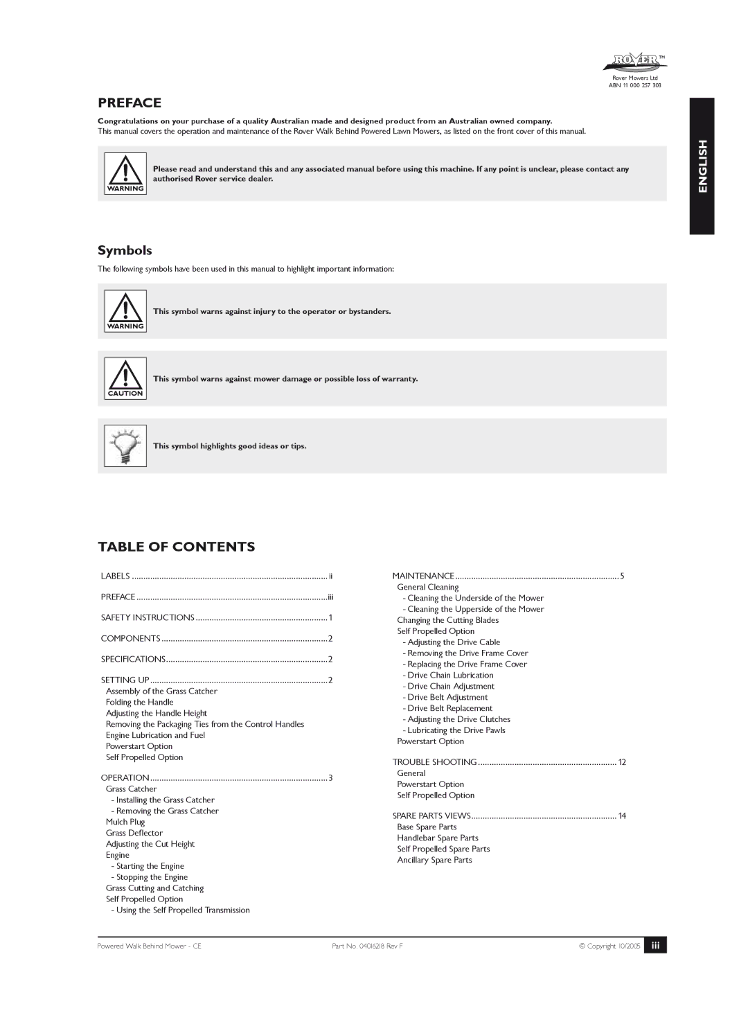 Rover 51, 61, 80 owner manual Preface, Table of Contents 