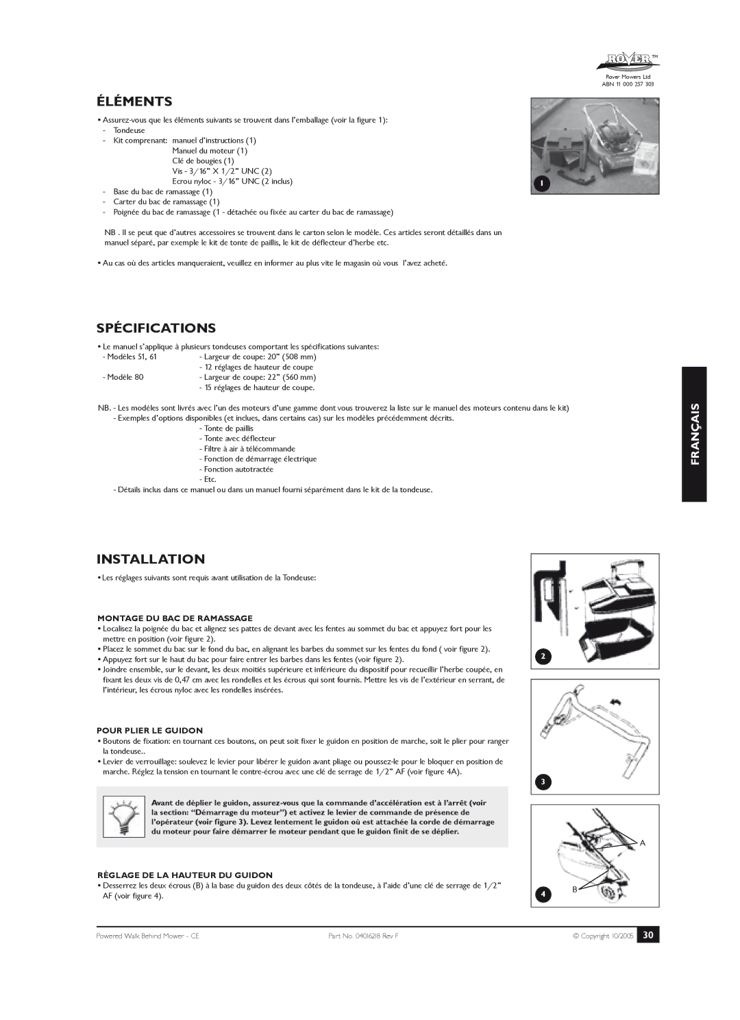 Rover 51, 61, 80 owner manual Éléments, Spécifications, Installation 