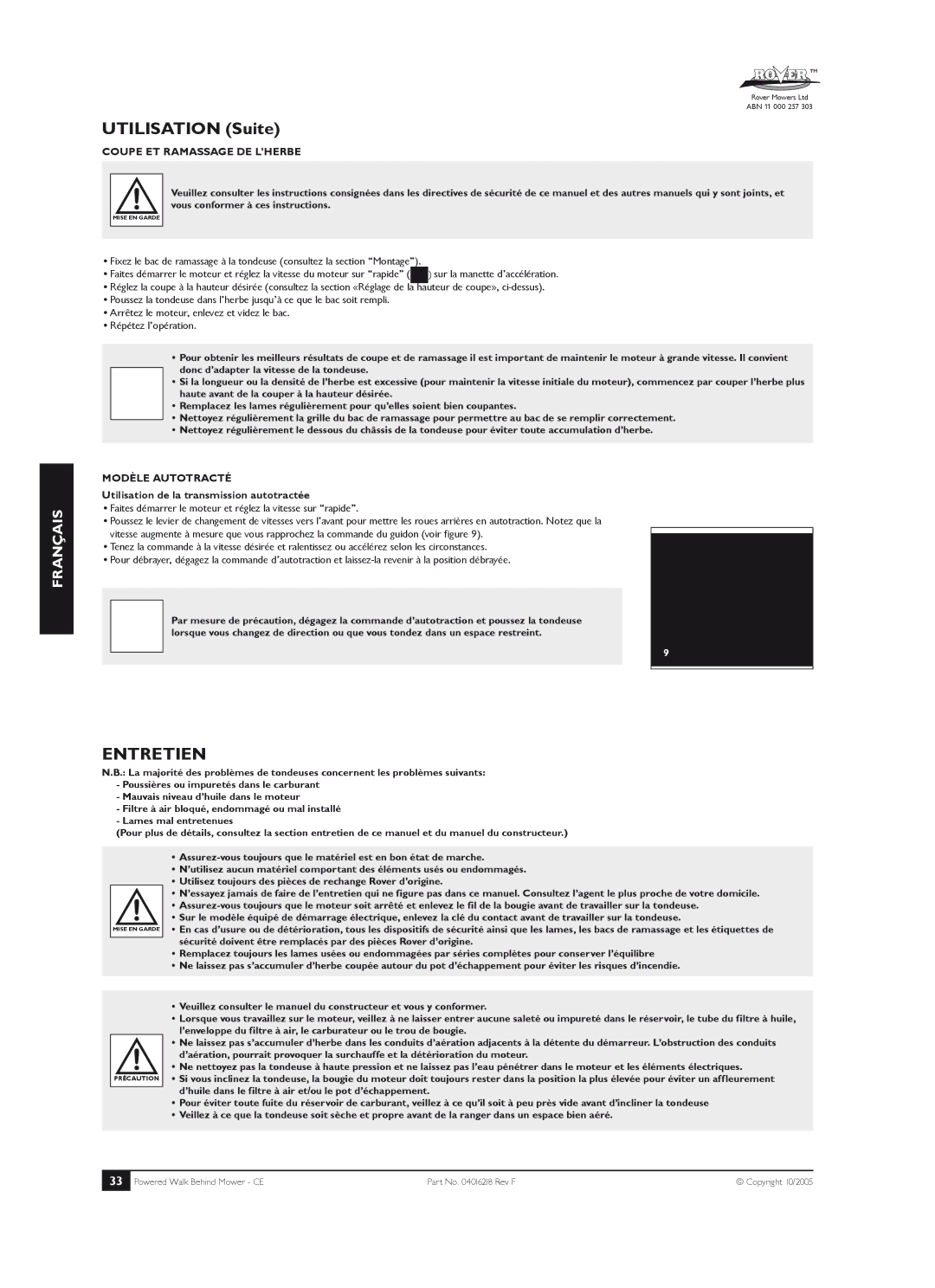 Rover 51, 61, 80 owner manual Entretien, Coupe ET Ramassage DE L’HERBE, Utilisation de la transmission autotractée 