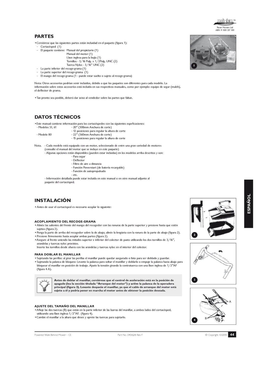 Rover 51, 61, 80 owner manual Partes, Datos Técnicos, Instalación 