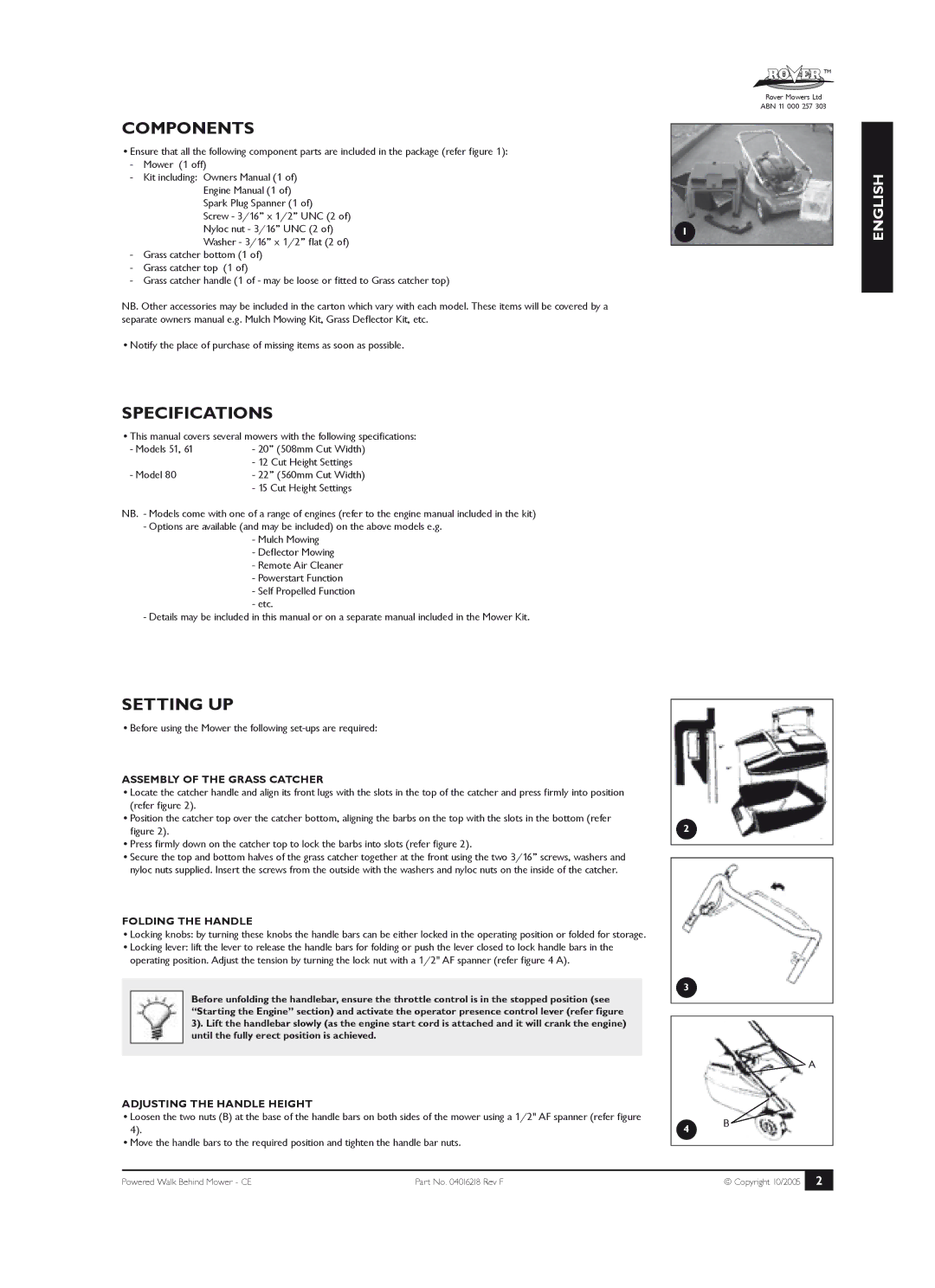 Rover 51, 61, 80 owner manual Components, Specifications, Setting UP 