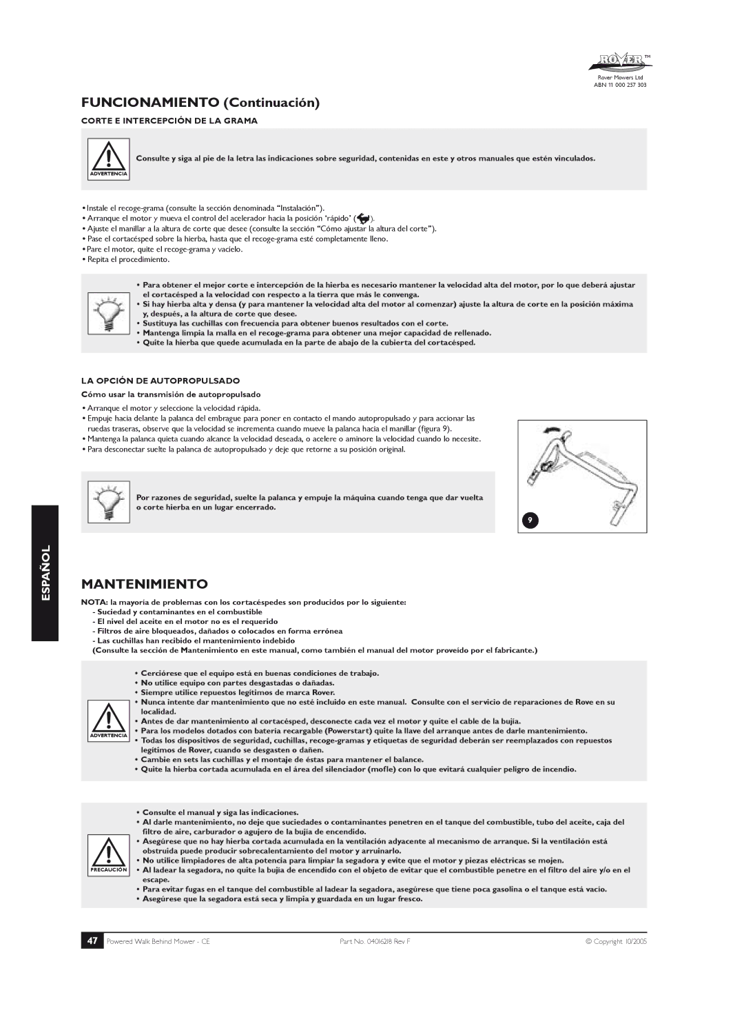 Rover 51, 61, 80 owner manual Mantenimiento, Corte E Intercepción DE LA Grama, Cómo usar la transmisión de autopropulsado 