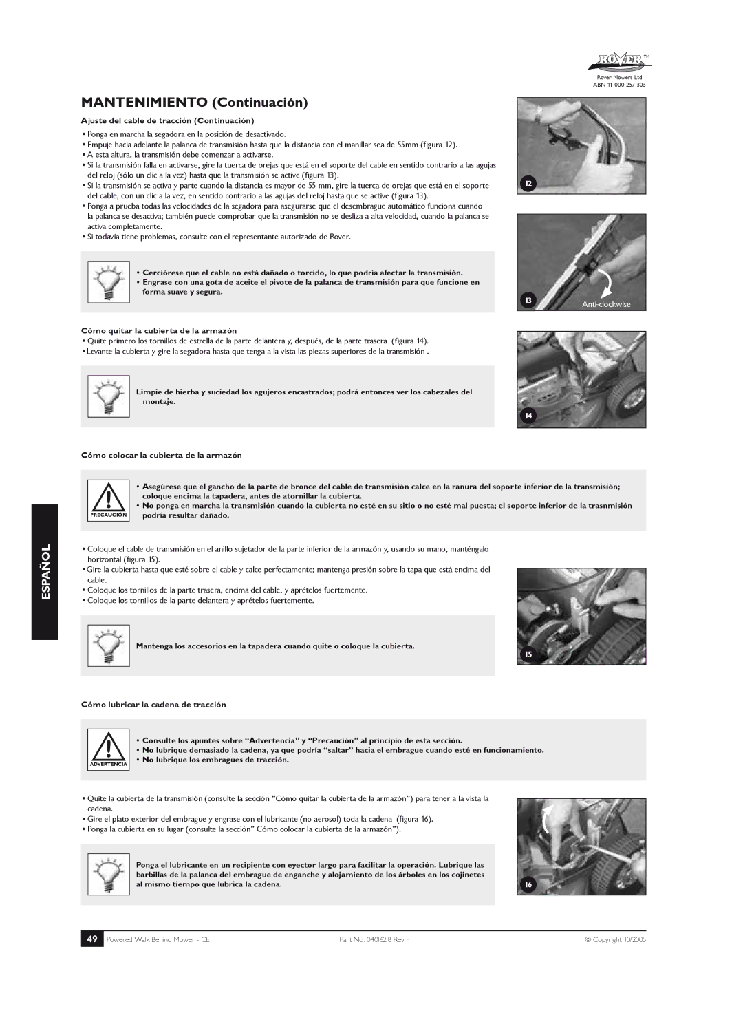 Rover 51, 61, 80 owner manual Mantenimiento Continuación, Ajuste del cable de tracción Continuación 