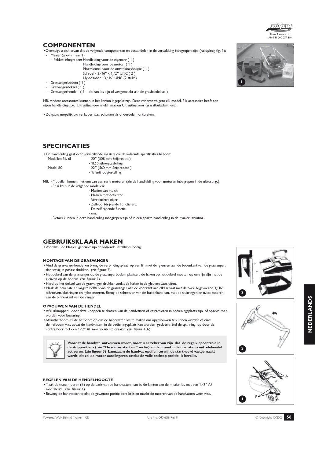 Rover 51, 61, 80 owner manual Componenten, Specificaties, Gebruiksklaar Maken 