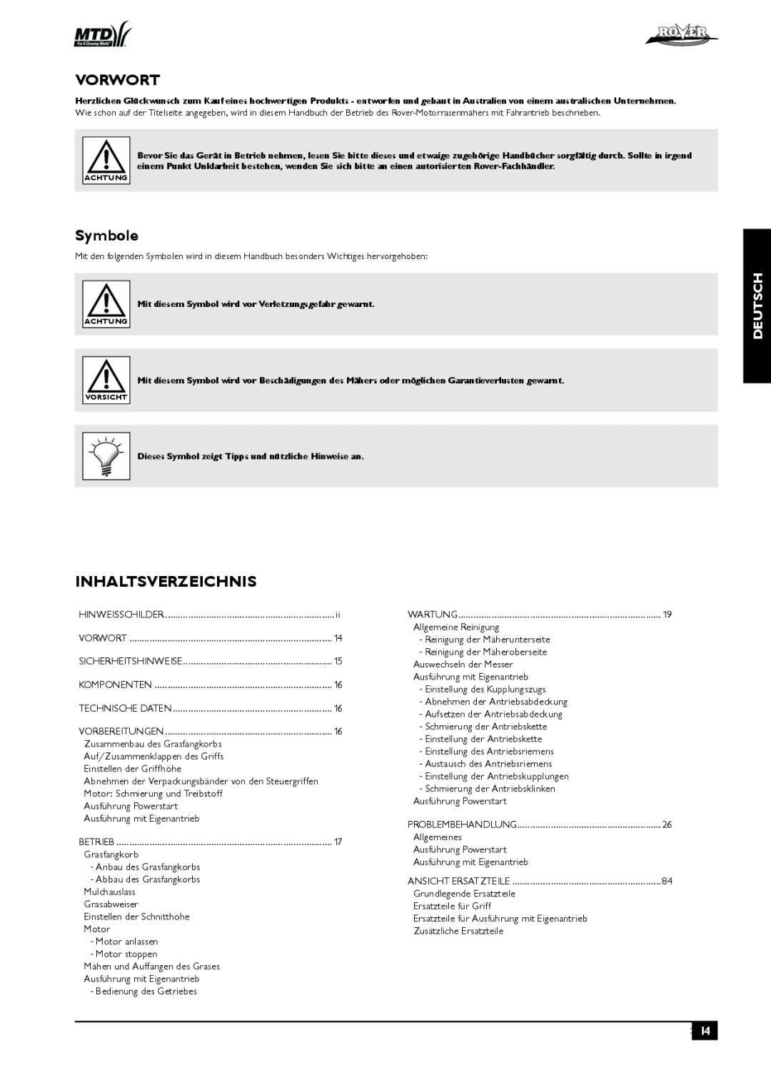 Rover 80, 51 owner manual Vorwort, Symbole, Inhaltsverzeichnis 