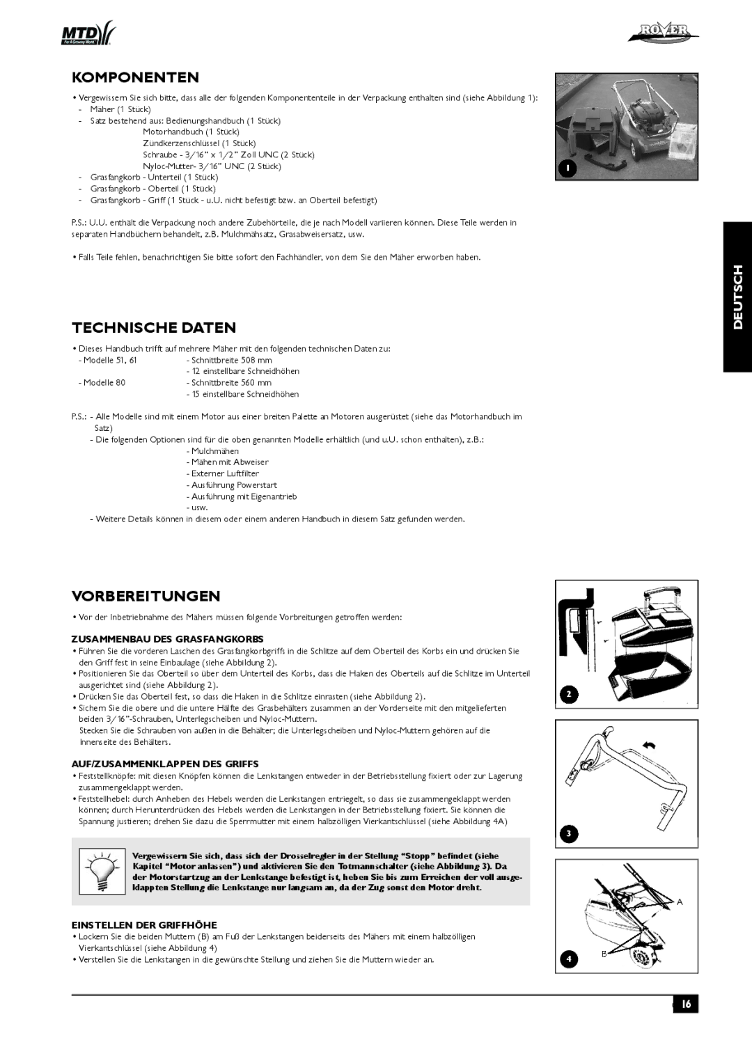 Rover 80, 51 owner manual Komponenten, Technische Daten, Vorbereitungen 