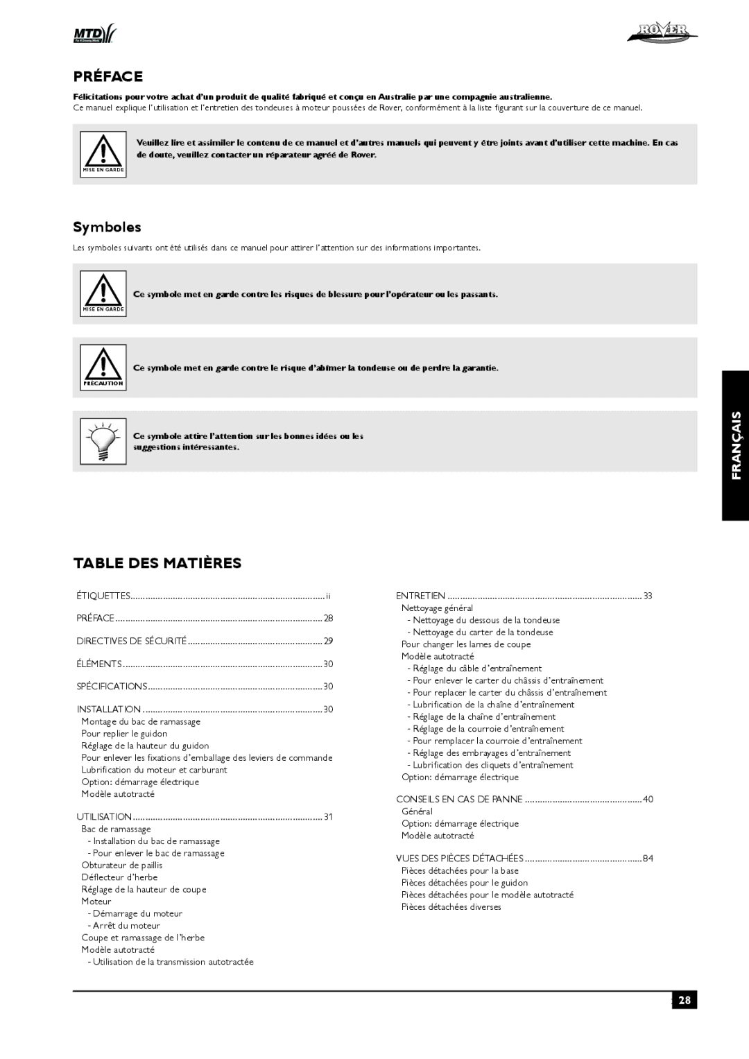 Rover 80, 51 owner manual Préface, Symboles, Table DES Matières 