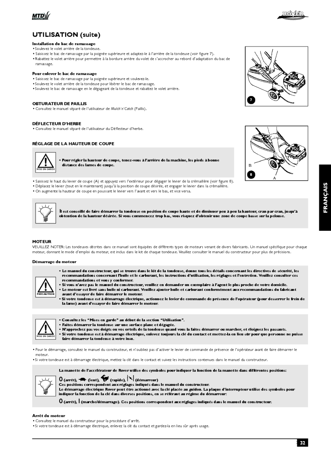 Rover 80, 51 Utilisation suite, Obturateur DE Paillis, Déflecteur D’HERBE, Réglage DE LA Hauteur DE Coupe, Moteur 