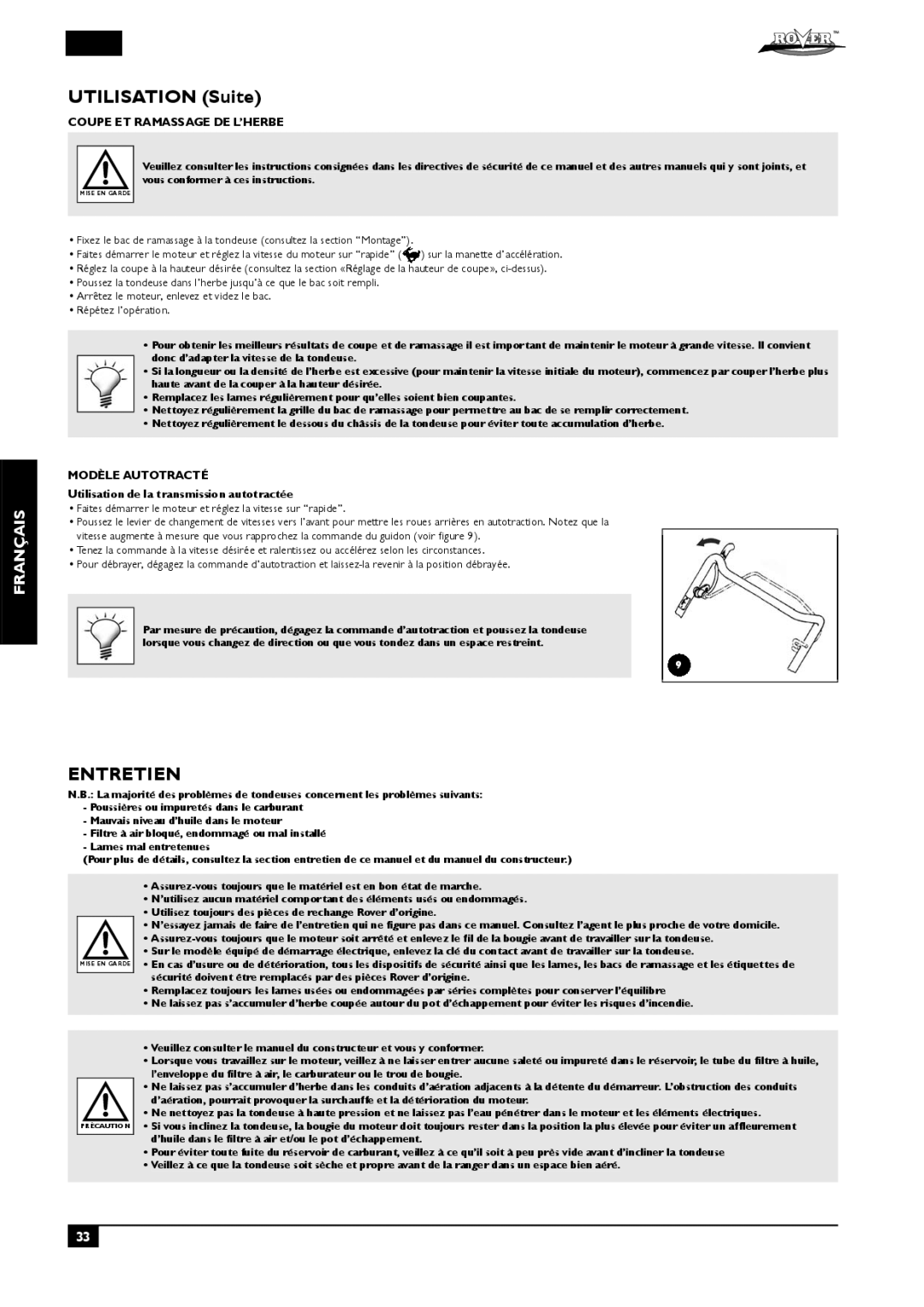 Rover 51, 80 owner manual Entretien, Coupe ET Ramassage DE L’HERBE, Utilisation de la transmission autotractée 