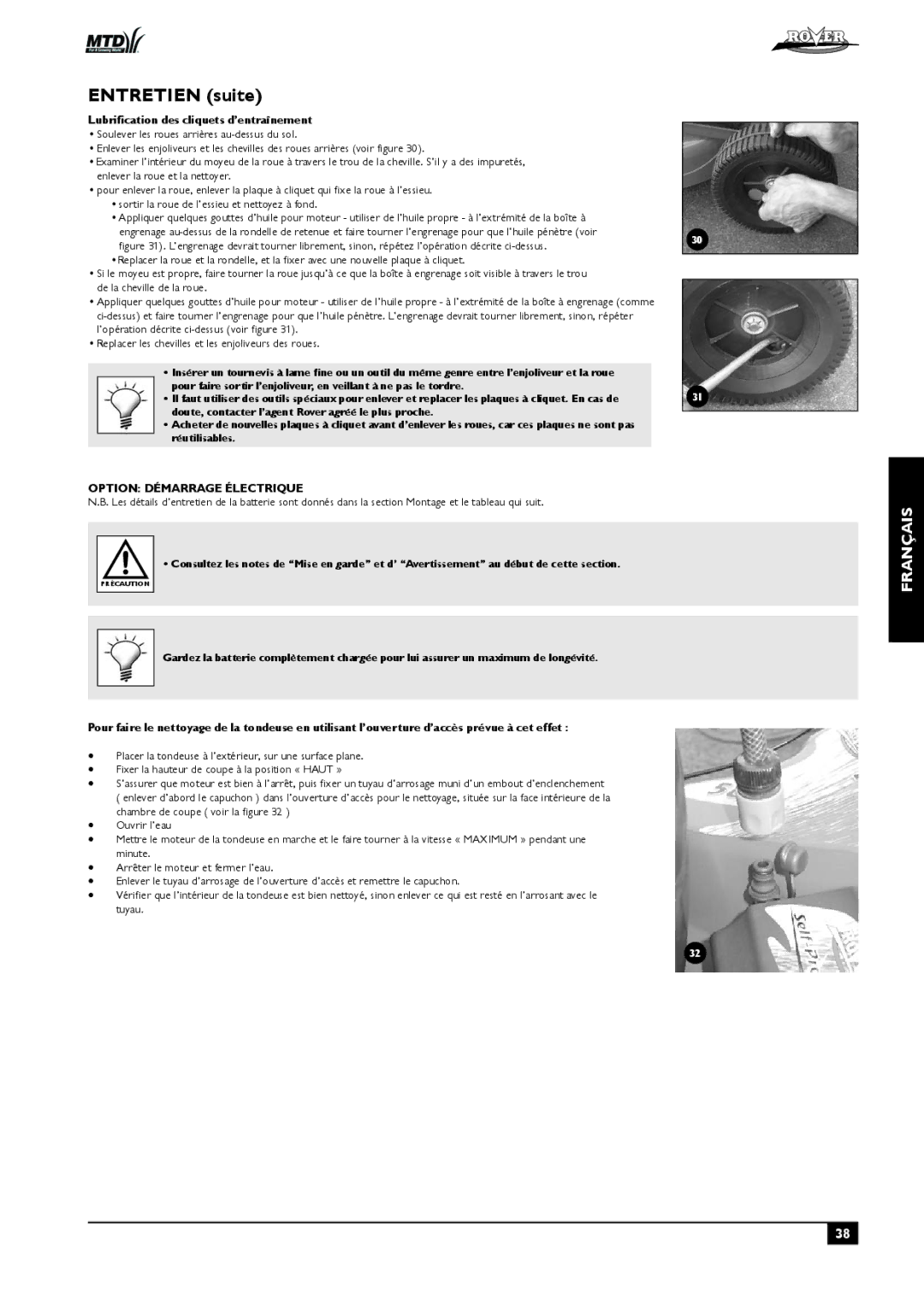 Rover 80, 51 owner manual Lubrification des cliquets d’entraînement, Option Démarrage Électrique 