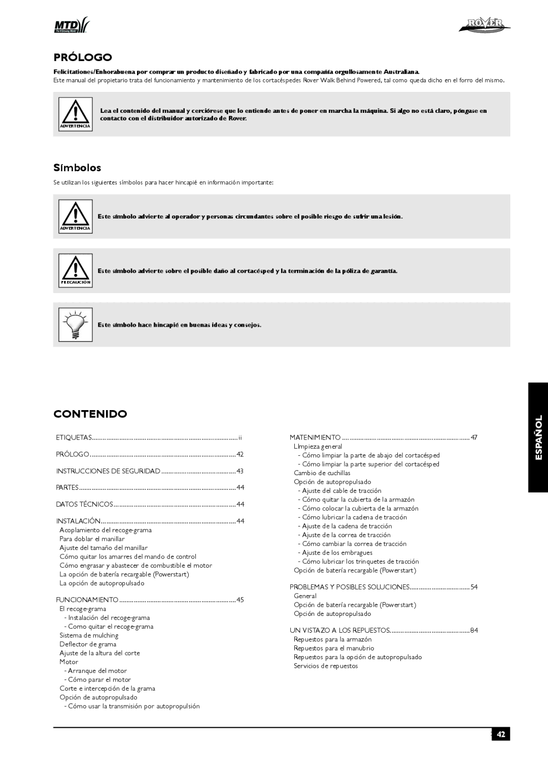 Rover 80, 51 owner manual Prólogo, Símbolos, Contenido 