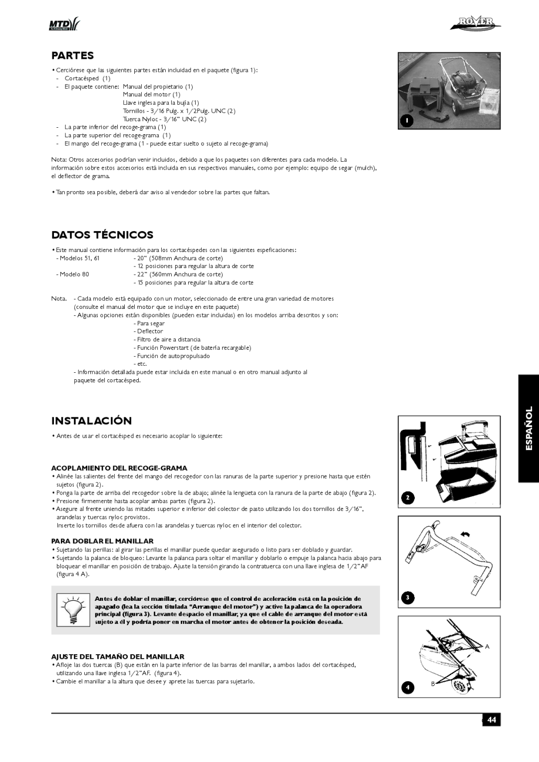 Rover 80, 51 owner manual Partes, Datos Técnicos, Instalación 