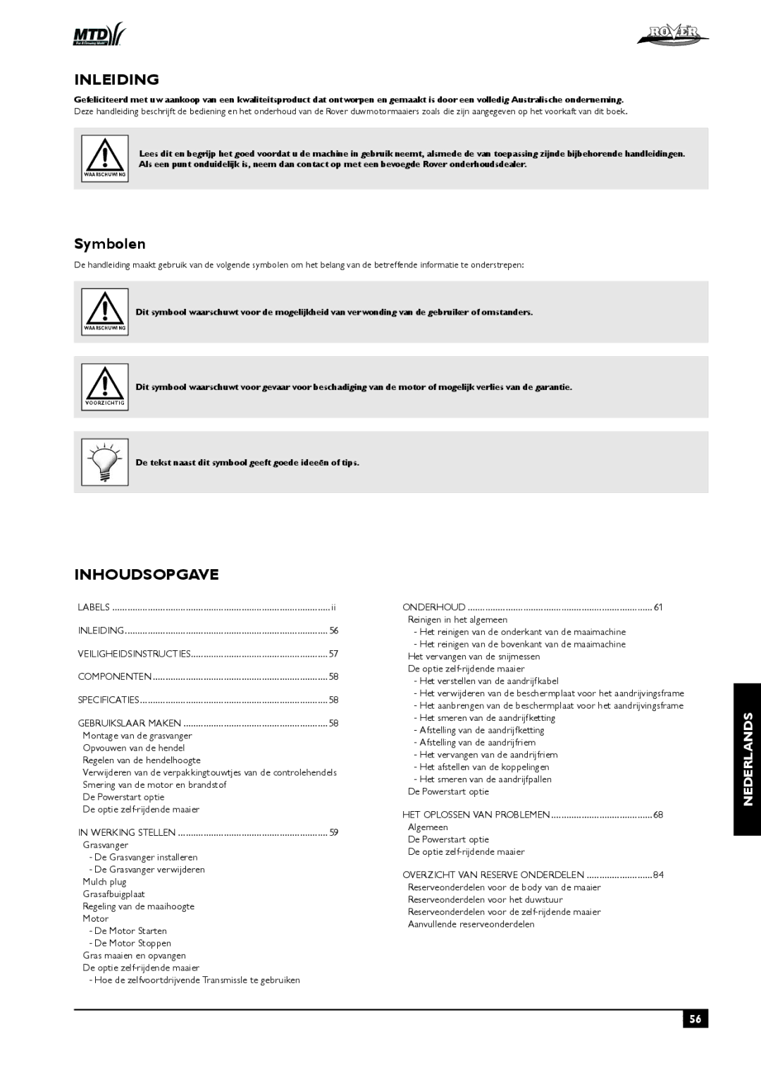 Rover 80, 51 owner manual Inleiding, Symbolen, Inhoudsopgave, Reserveonderdelen voor de body van de maaier 