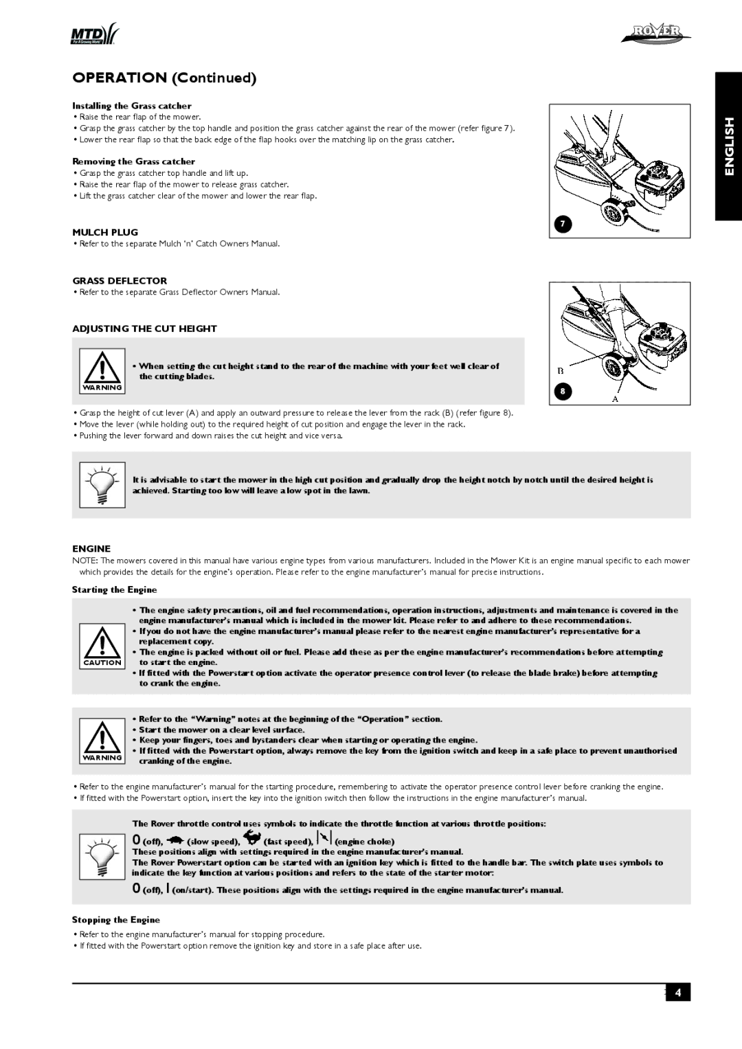 Rover 80, 51 owner manual Operation, Mulch Plug Grass Deflector Adjusting the CUT Height, Engine 