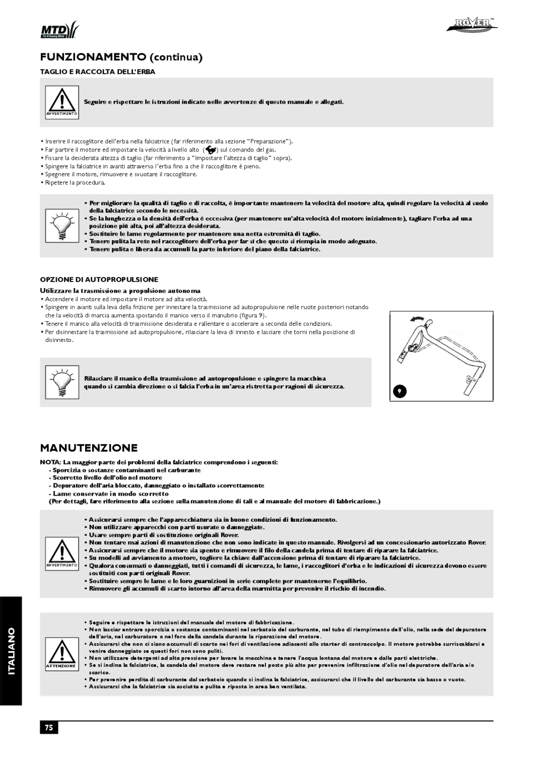 Rover 51, 80 owner manual Manutenzione, Taglio E Raccolta DELL’ERBA, Utilizzare la trasmissione a propulsione autonoma 