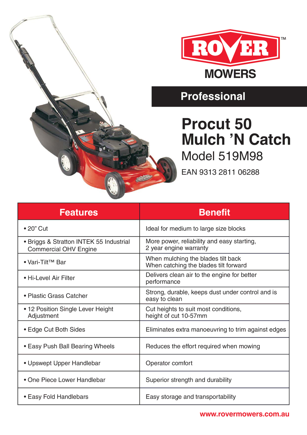 Rover warranty Procut Mulch ʼN Catch, Model 519M98, Features Benefit 